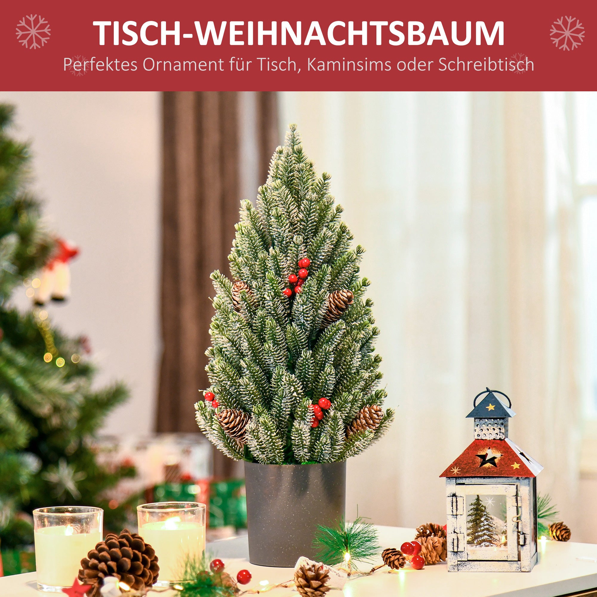 HOMCOM Mini Weihnachtsbaum mit Tannenzapfen, roten Beeren und Übertop 50 cm hoch, Mehrfarbig