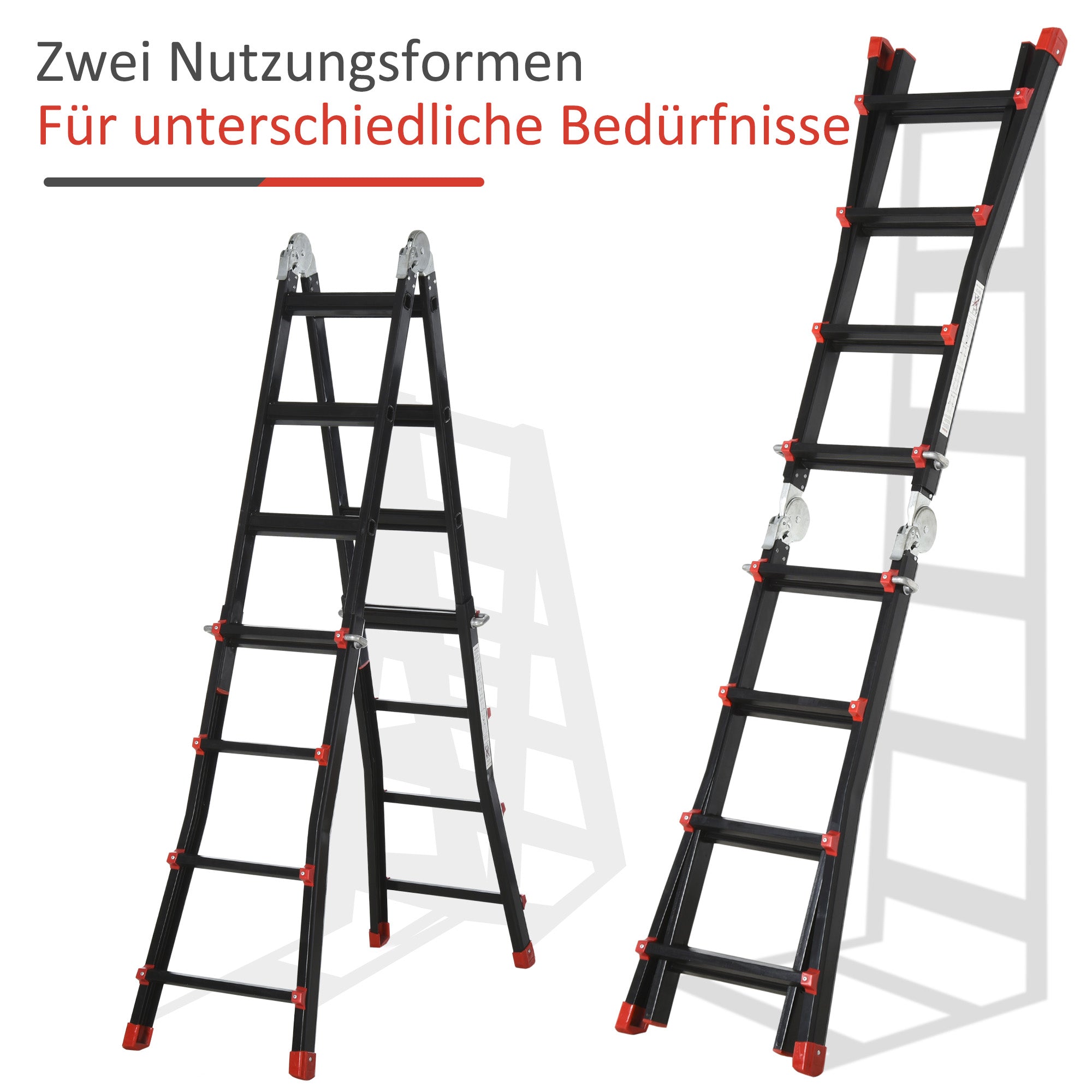 HOMCOM Teleskopleiter, rutschfeste Stufen, bis 150 kg belastbar, Aluminium, Schwarz+Rot