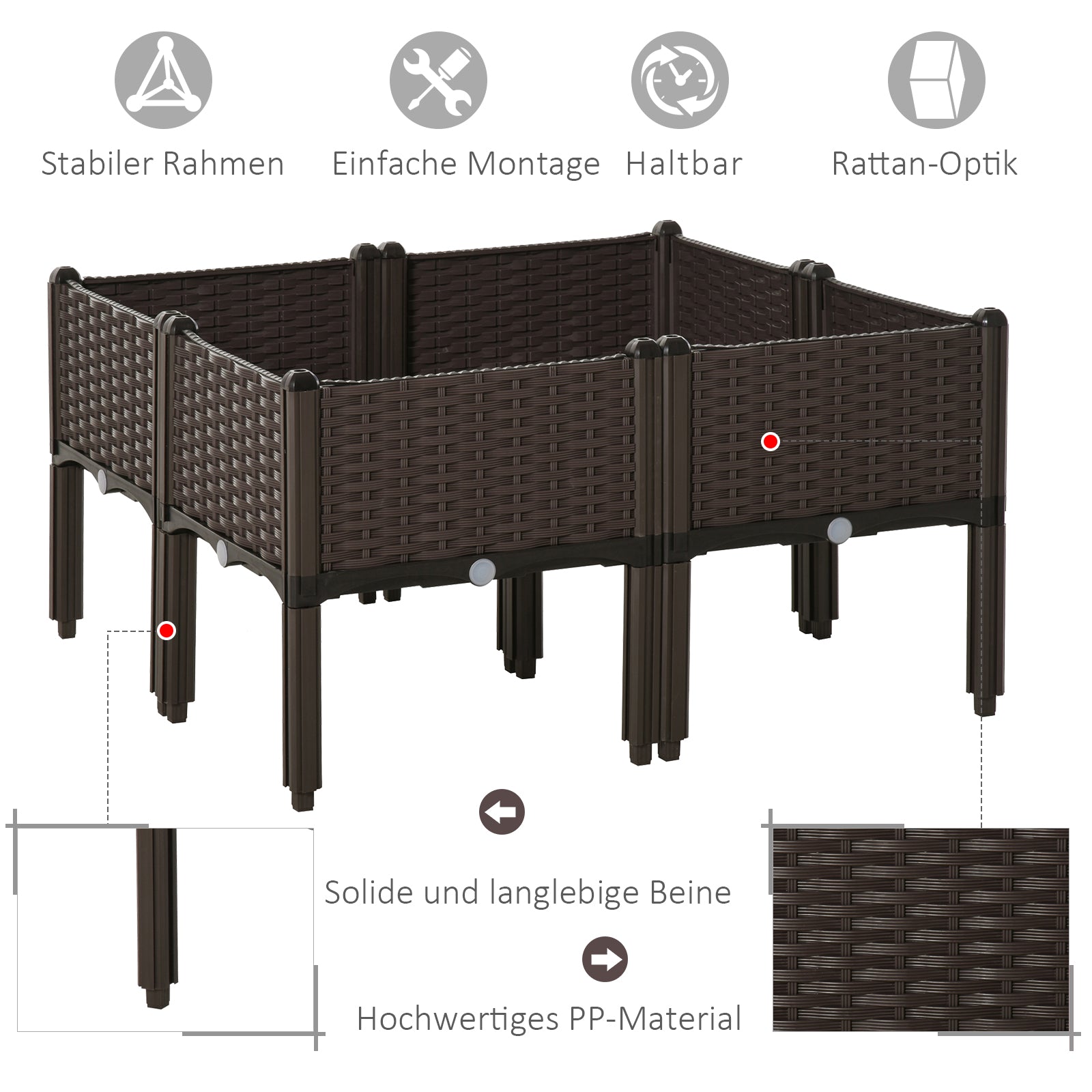 Outsunny Hochbeet 4-teiliger Pflanzkasten mit Abflusslöchern Rattan-Look Blumenkasten DIY Braun 40 x 40 x 44 cm