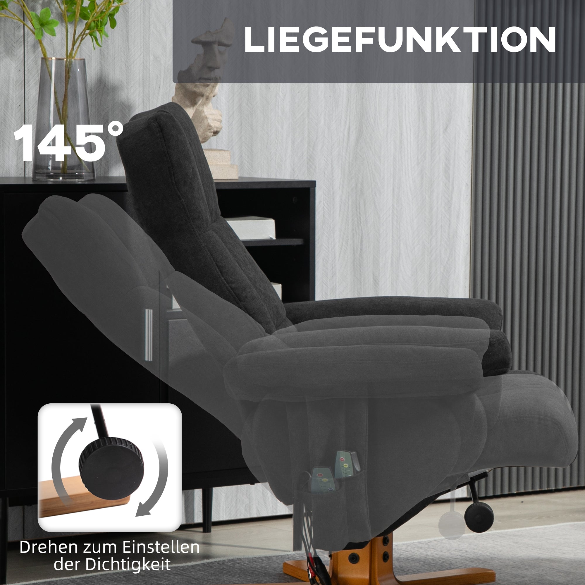 HOMCOM Massagesessel mit Liegefunktion und Fußhocker, 145°-Neigung, Polyester, 80 x 86 x 99 cm, Schwarz