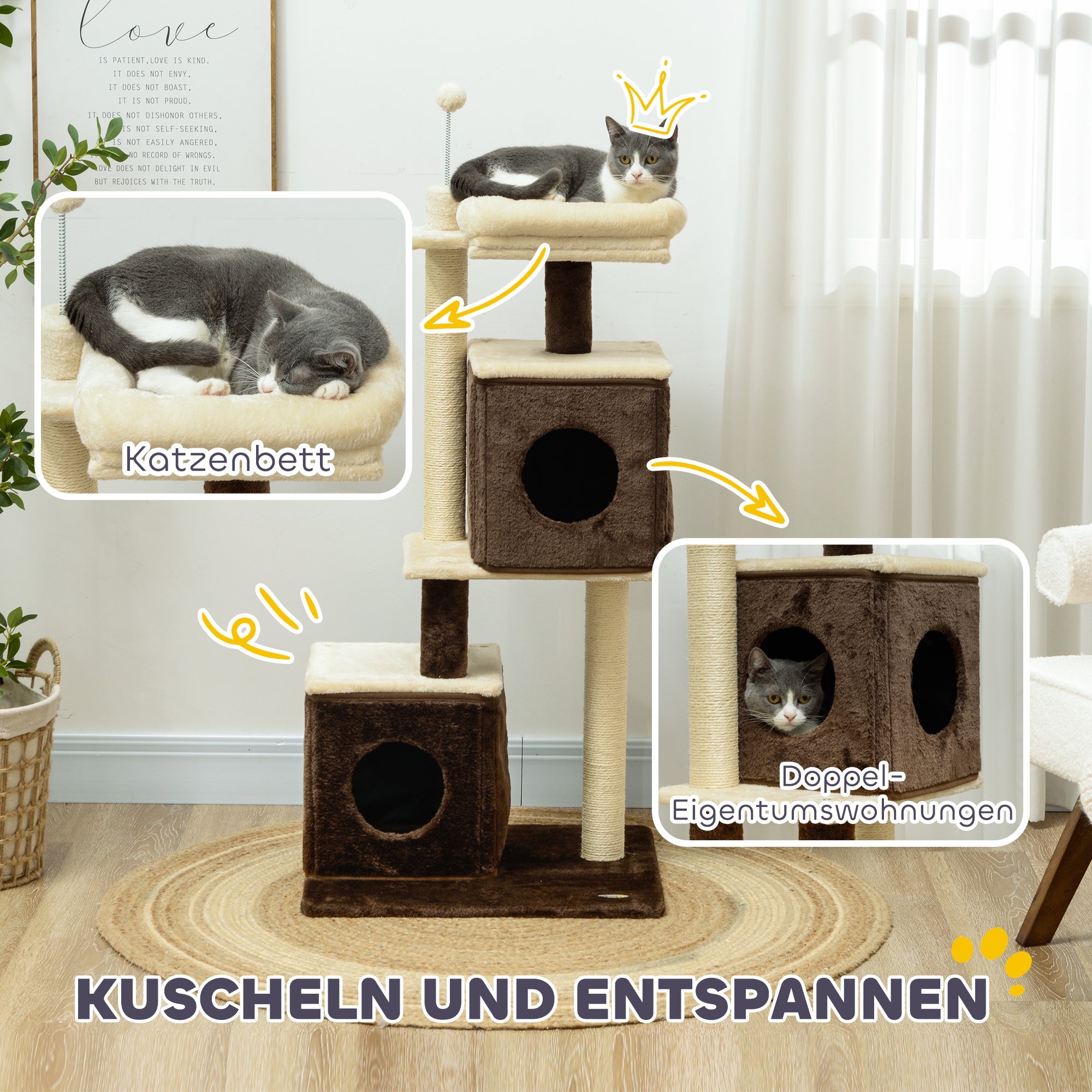 PawHut Katzenbaum, teilbarer Katzenturm mit Kratzpfosten, Sprungplattformen, für den Indoor-Bereich, Dunkelbraun+Weiß
