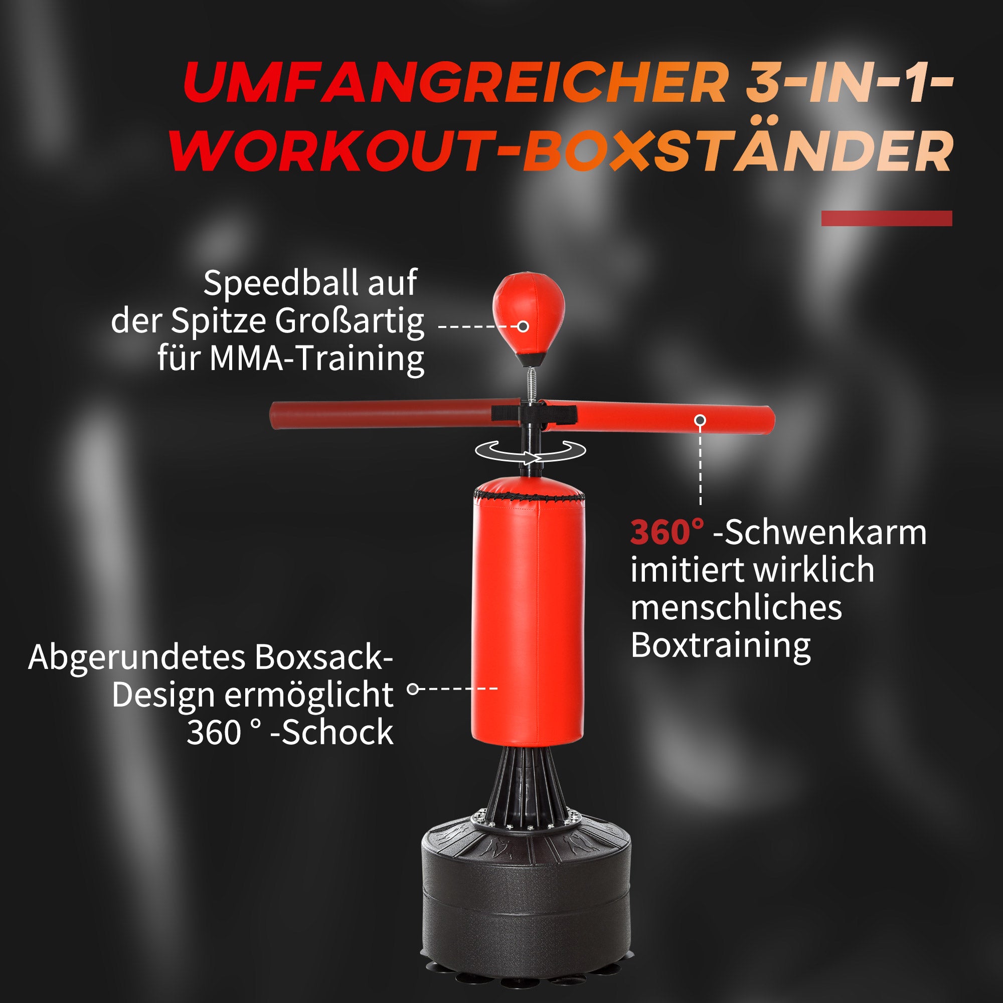 HOMCOM Standboxsack Boxtrainingsgerät mit Reflexball, 360°-Drehstange, Saugfuß, Sand/Wasser befüllbar, Stehend Boxassistent mit Handschuhe, Luftpumpe Training Boxsack 88 x 48 x 155-205 cm