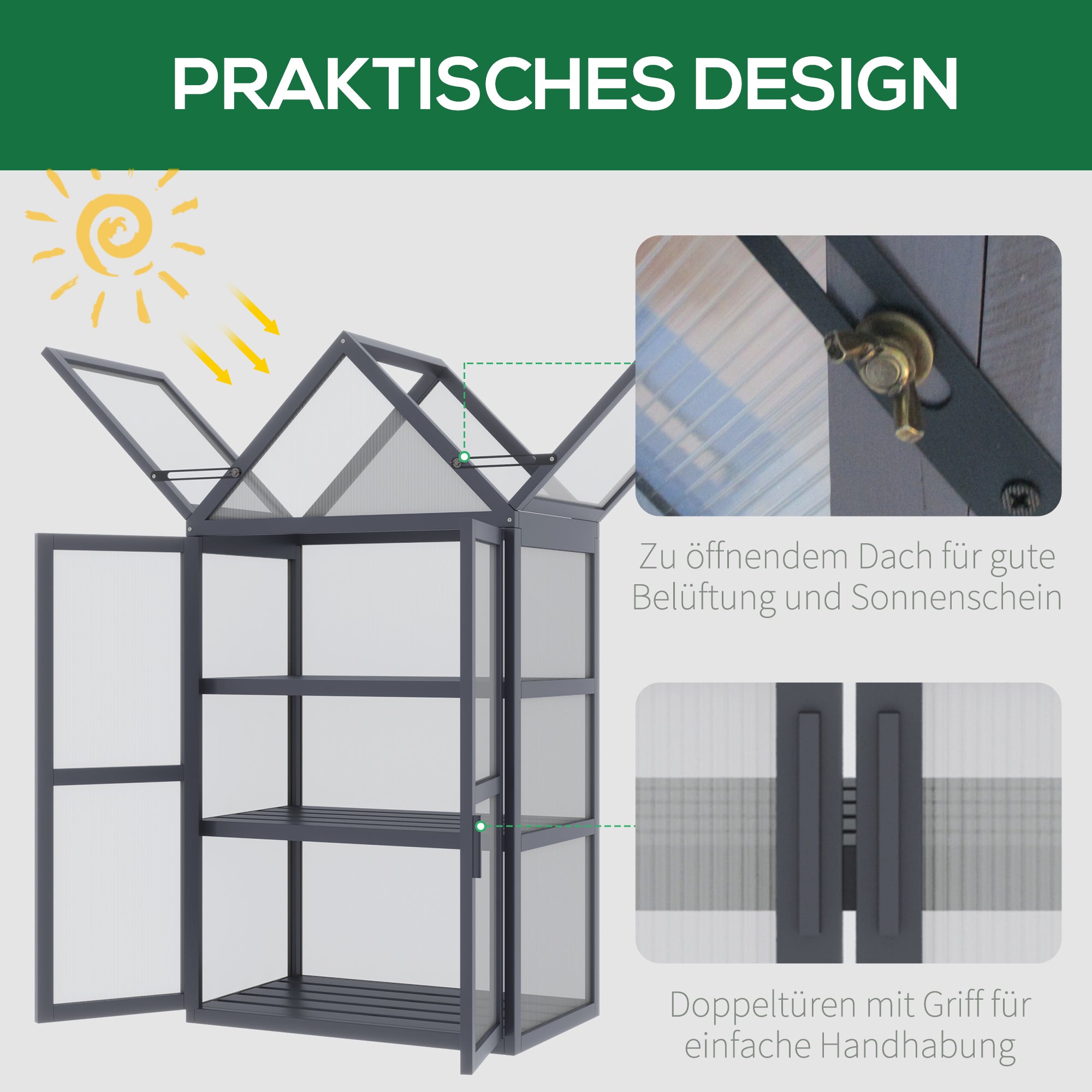 Outsunny Frühbeet Mini Gewächshaus 3 Ebenen Treibhaus Pflanzenbeet mit aufklappbarem Dach Doppeltüren aus Holz Polycarbonat wetterfest Natur 70,5 x 42 x 132 cm