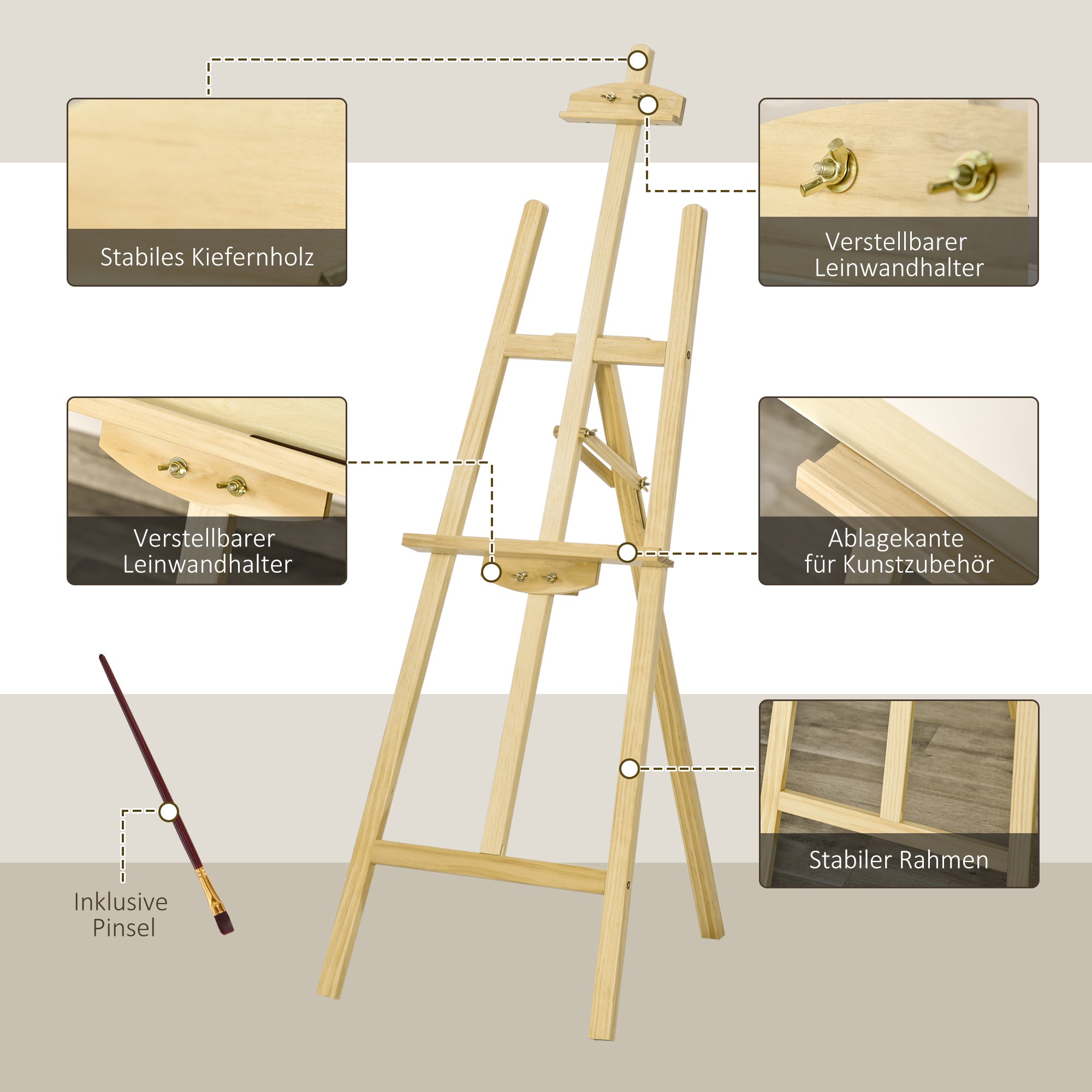 HOMCOM Staffelei Sitz- und Standstaffelei Klappbare Atelierstaffelei 75° einstellbar mit Halterung für Kunstmalerei Und Außenwerbung Kiefernholz Natur 51,5 x 71,5 x 134,5 cm