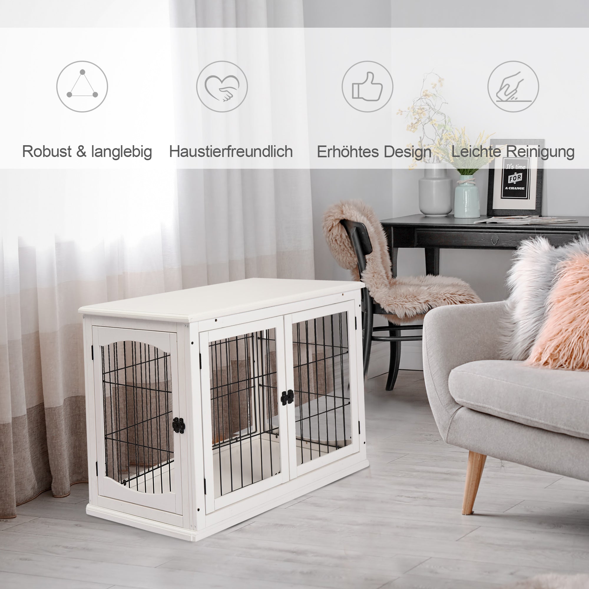 PawHut Transportbox für Hunde 58,5 cm x 81 cm x 66 cm Türen, MDF-Holz Eisen, 58, 5 cm x 81 cm x 66 cm, Weiß