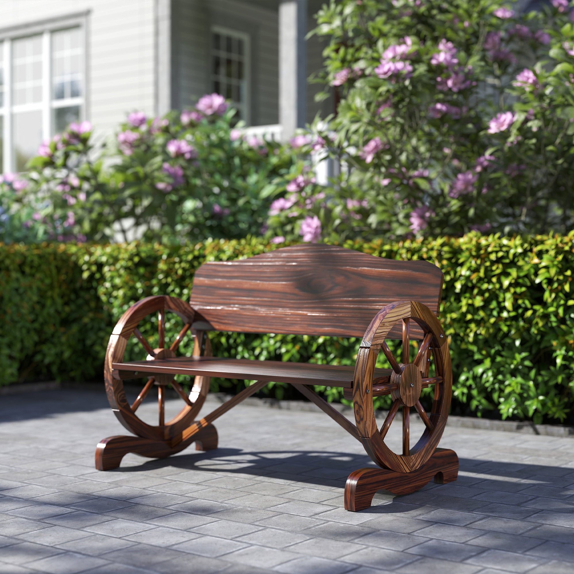 Outsunny 2-Sitzer Gartenbank mit Rad-Armlehnen, Rustikale Outdoor-Bank für Terrasse, Veranda, Fichtenholz, Braun