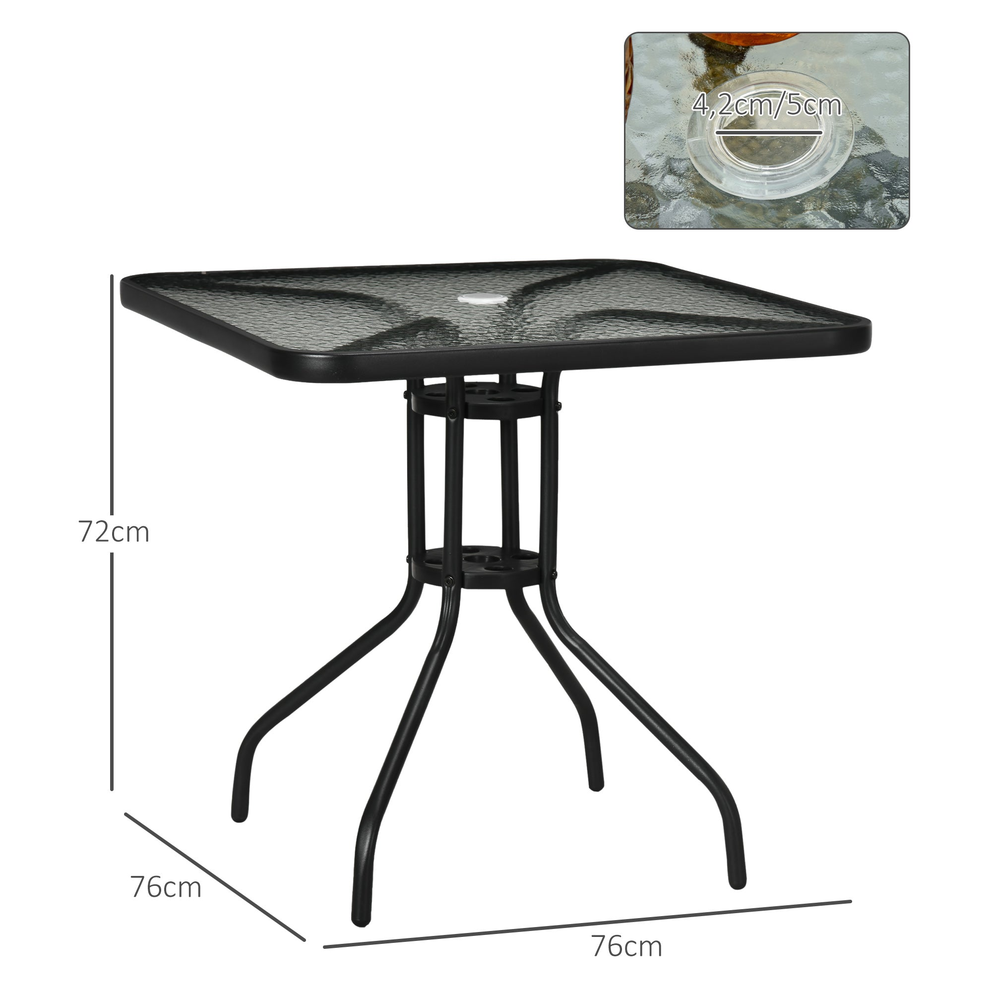 Outsunny Gartentisch Abnehmbar Metall 76x76 cm Wetterfest Balkontisch mit Schirmloch, rutschfest Schwarz