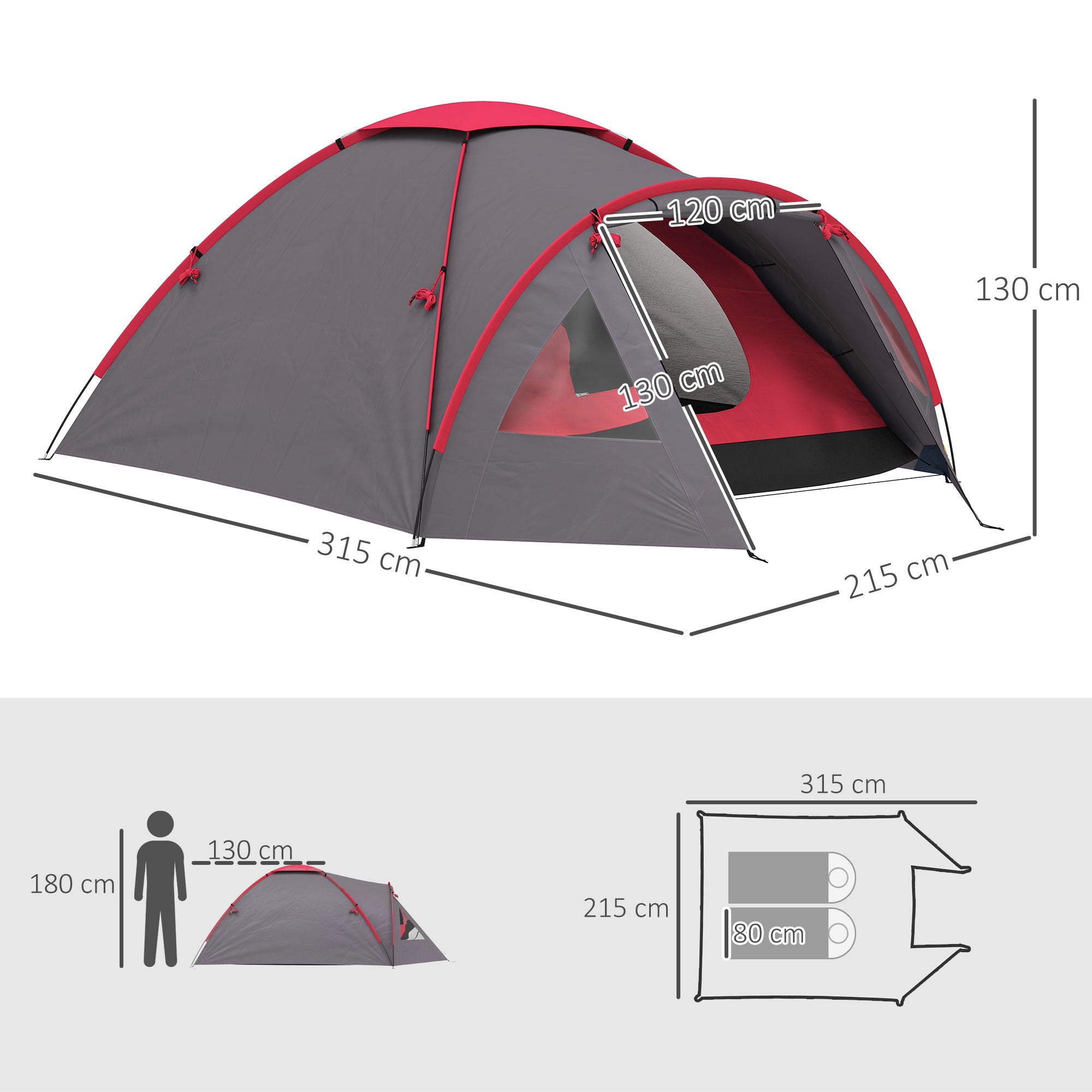 Outsunny Campingzelt für 3 Personen leicht, stabil wasserdicht UV 50+ mit Vordach Tür Fenster, Bodenplane Grau