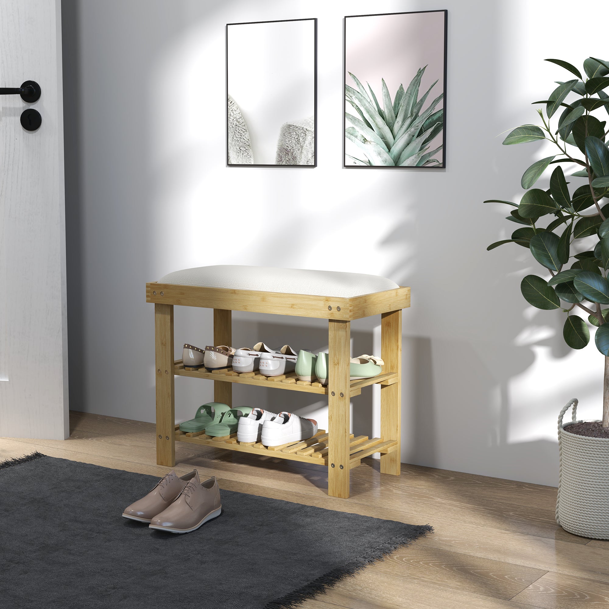 HOMCOM Schuhbank mit Sitzfläche, Bambus Sitzbank mit Stauraum, 2 offene Fächer, Sitzbank 60 x 29 x 49 cm Cremeweiß
