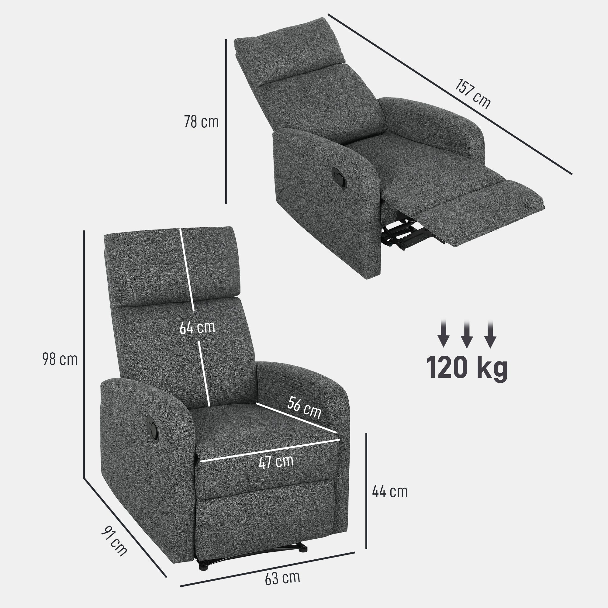 HOMCOM Relaxsessel, verstellbarer Liegesessel mit anpassbarer Beinstütze, Moderner Wohnzimmersessel mit Stoffbezug, Grau