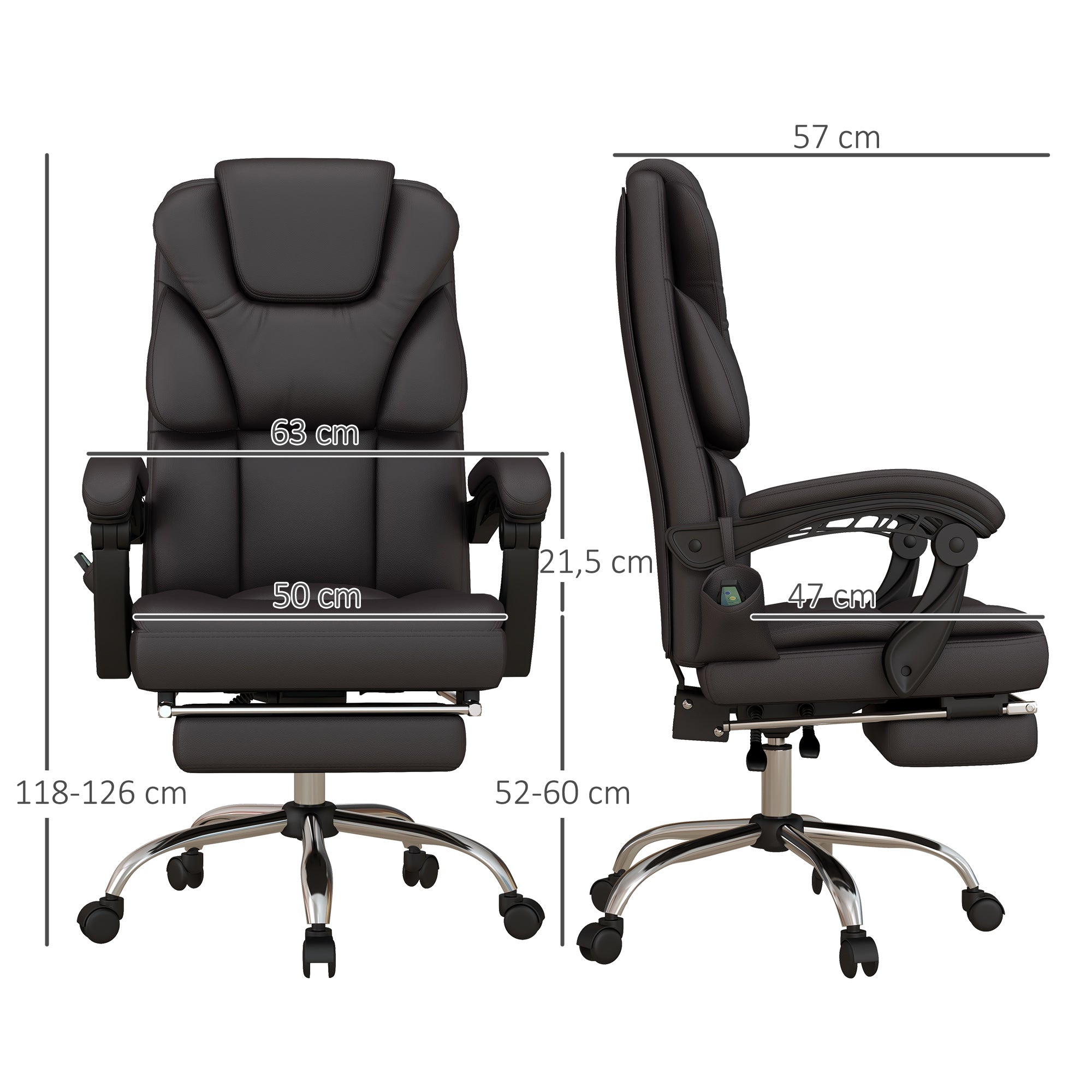 Vinsetto Bürostuhl mit Massagefunktion, ergonomisch, liegefähig, 63x57x118, Braun
