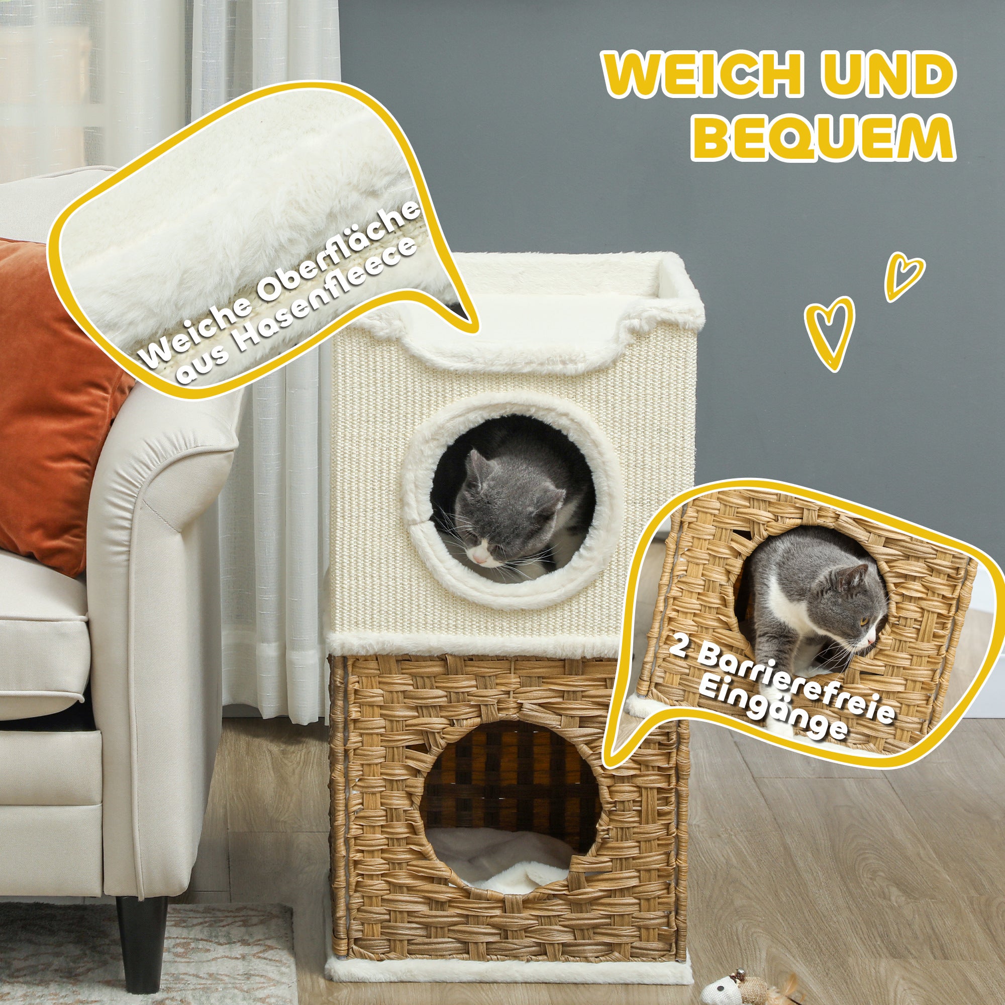 PawHut Kratztonne 75,5 cm Hoch dreistöckige mit Plüschrand, Kissen, Katzenhöhle, für mittelgroße Katzen, Cremeweiß