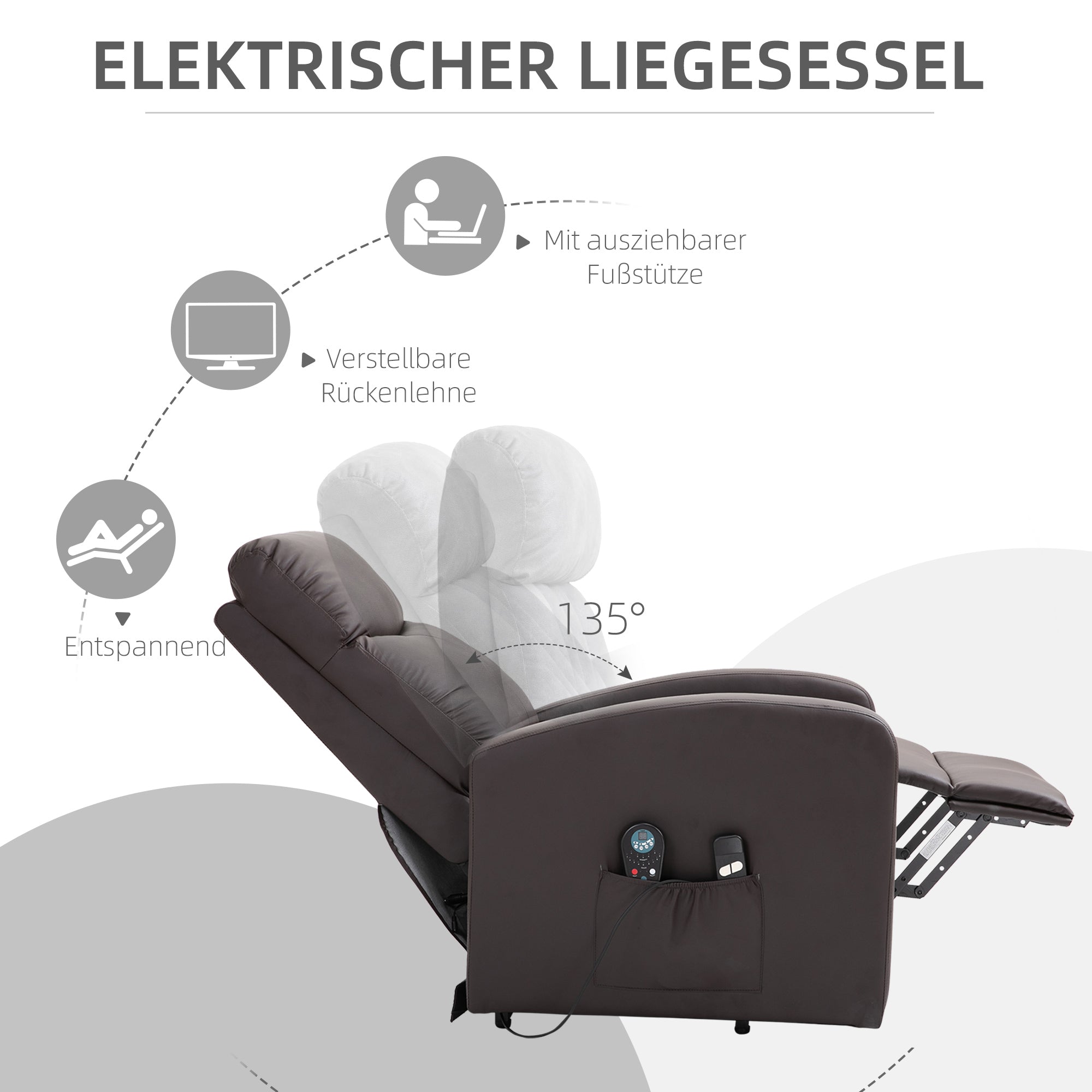 HOMCOM Massagesessel mit Aufstehhilfe, Relaxsessel, Liegesessel, Kopfstütze, 8 Vibrationspunkte, 2 Fernbedienungen, Braun