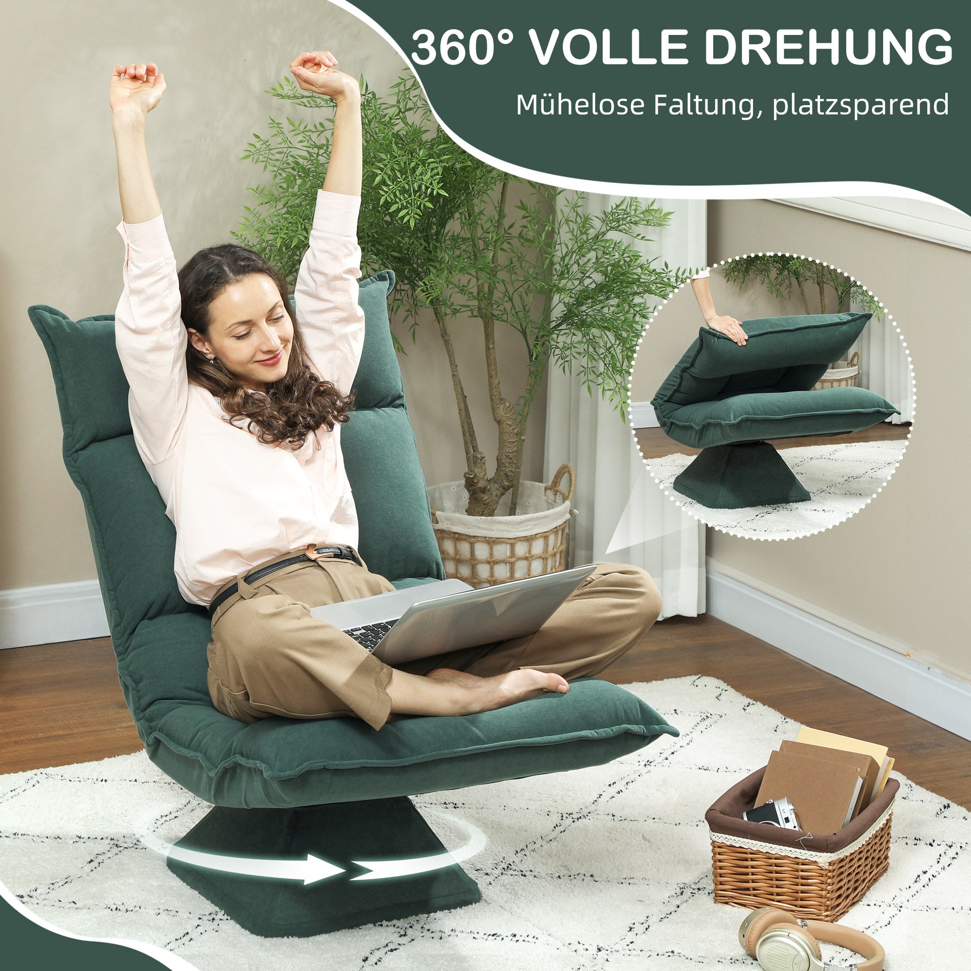 HOMCOM Bodensessel mit 5-fach verstellbarer Rückenlehne, drehbar, moderner Polsterstuhl, Grün