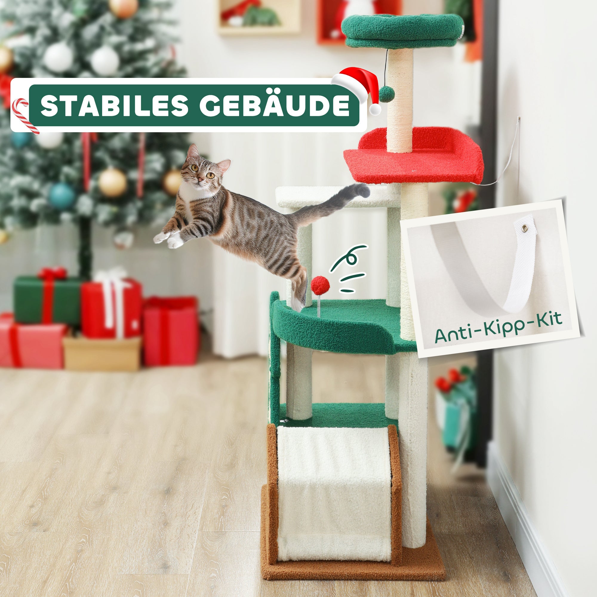 PawHut 135 cm Katzenkratzbaum in Weihnachtsfarben mit Katzenbett, Katzenhaus, Kratzpfosten, Sprungplattformen, Spielzeugbällen