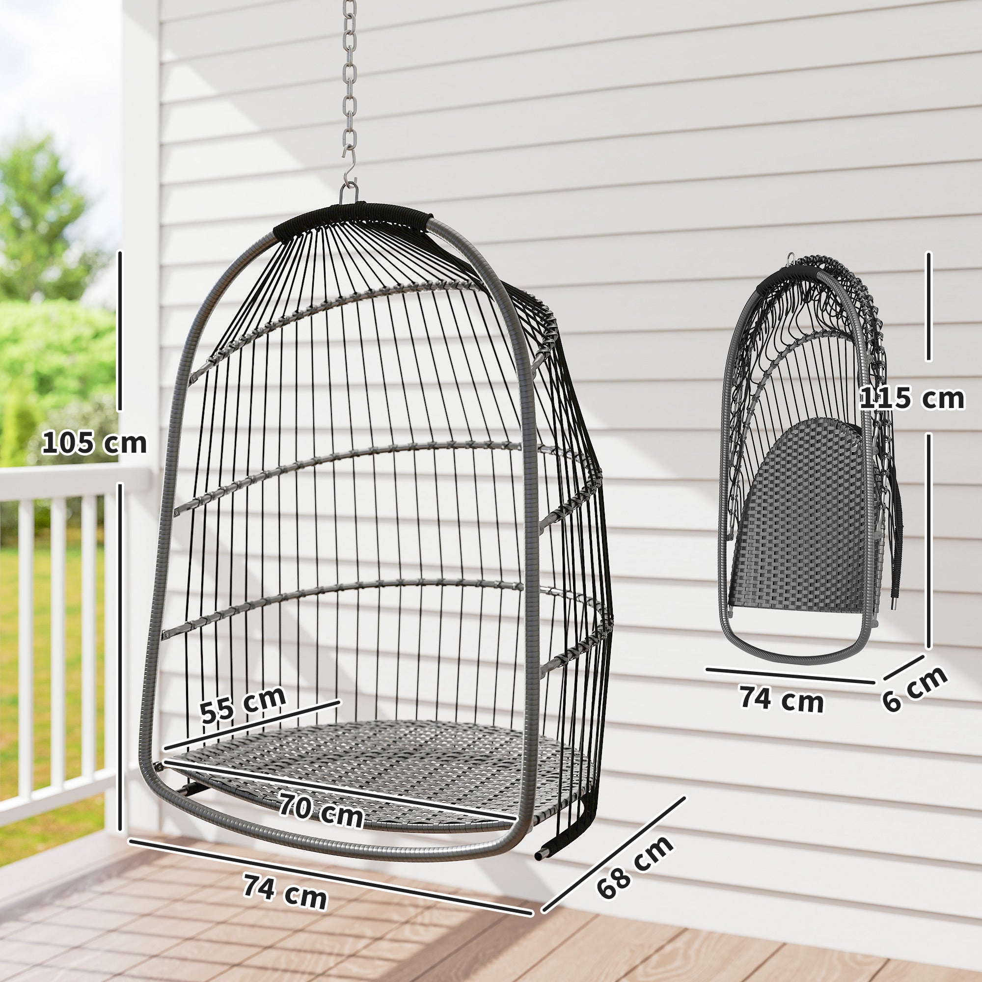 Outsunny Hängesessel Hängekorb mit Kissen Polyrattan Schaukel Outdoor Indoor faltbar belastbar bis 150kg Dunkelgrau