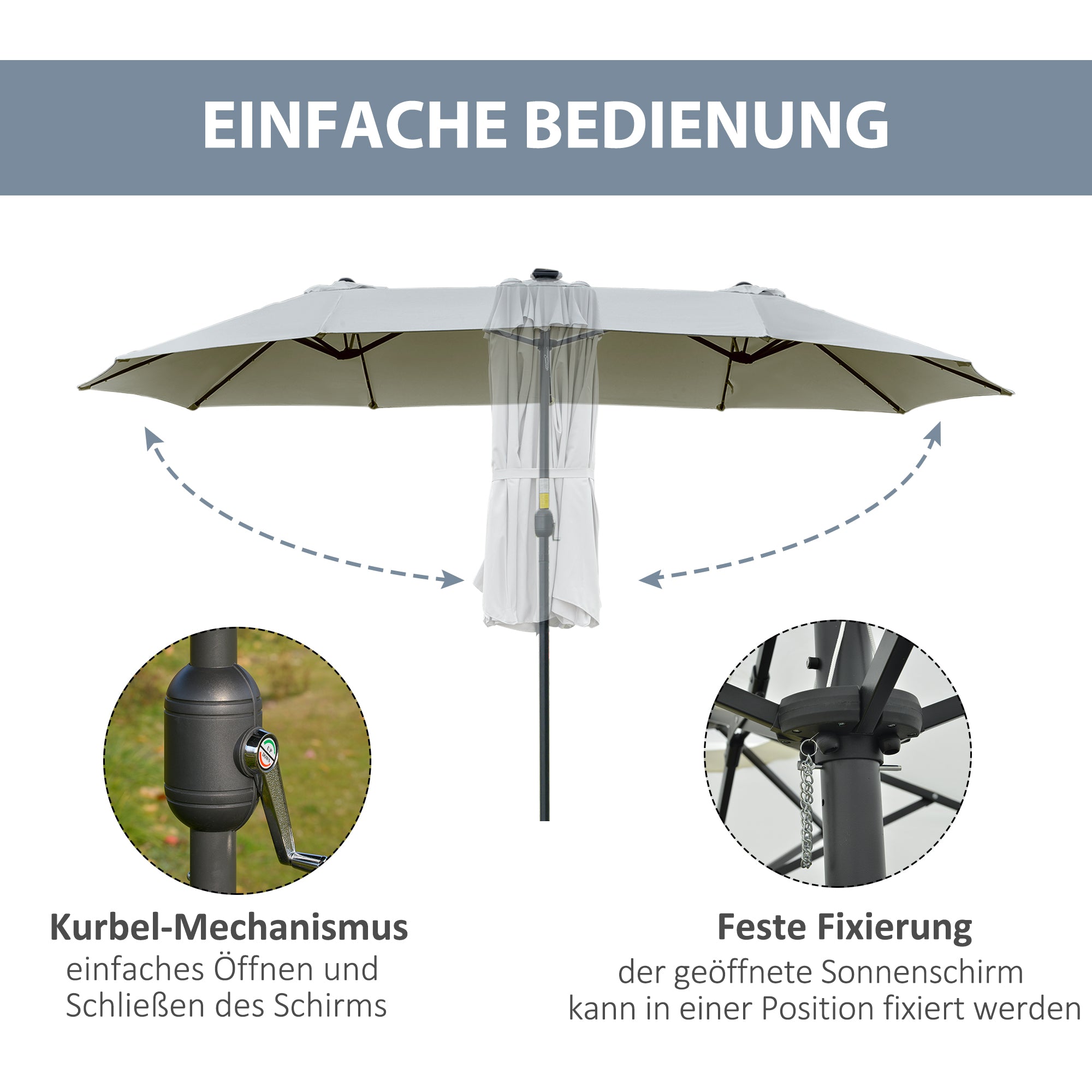 Outsunny Sonnenschirm mit LED Solar 4,5m Doppelsonnenschirm Gartenschirm Marktschirm Terrassenschirm Oval Hellgrau+Schwarz
