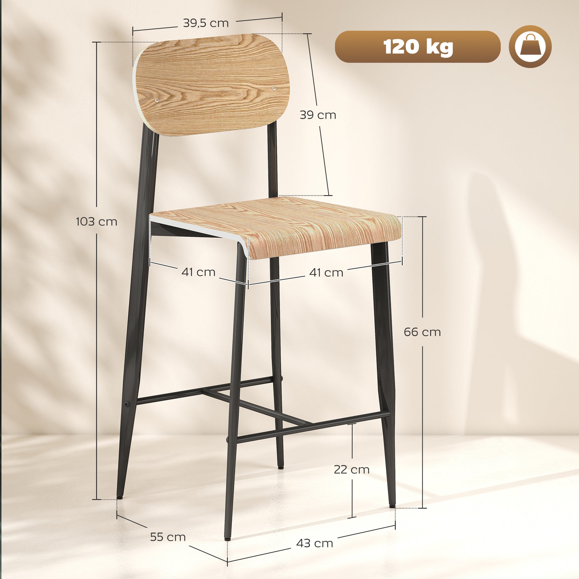 HOMCOM 2er-Set Barhocker, Barstühle mit Rückenlehne und Metallgestell, Holz, Hellbraun