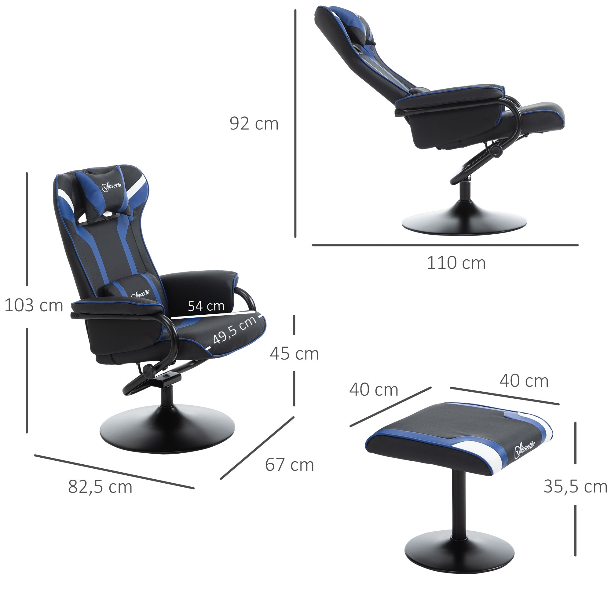 Vinsetto Relaxsessel mit Fußhocker, inkl. Kopfstütze und Lendenkissen, bis 130° verstellbare Rückenlehne, Dunkelgrau + Blau