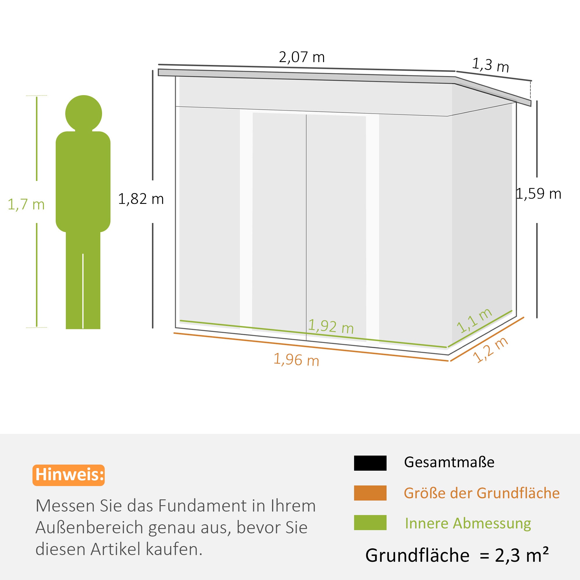 Outsunny Gerätehaus Metall 2,3 m² 207 x 130 x 182 cm Geräteschuppen mit Pultdach Fenster Bodenrahmen Grün