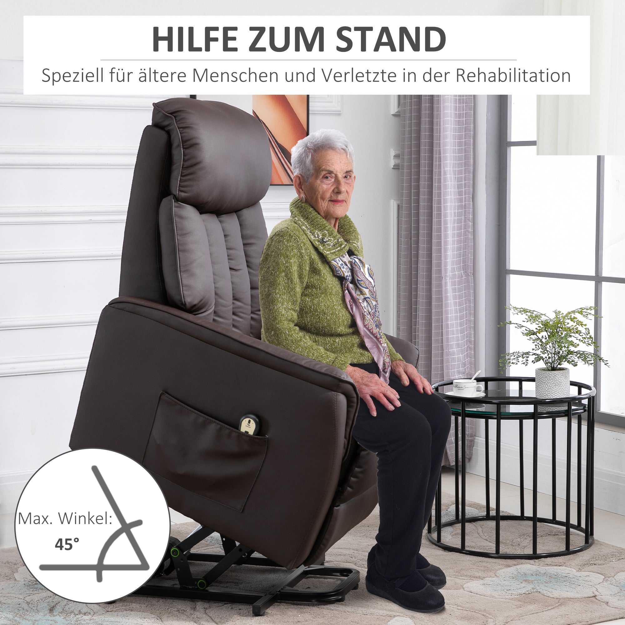HOMCOM Relaxsessel Elektrisch Fernsehsessel mit Aufstehhilfe, Liegefunktion, TV Sessel mit Fußteil, Seitentasche, Fernbedienung, für Wohnzimmer, bis 150 kg, Kunstleder, Braun