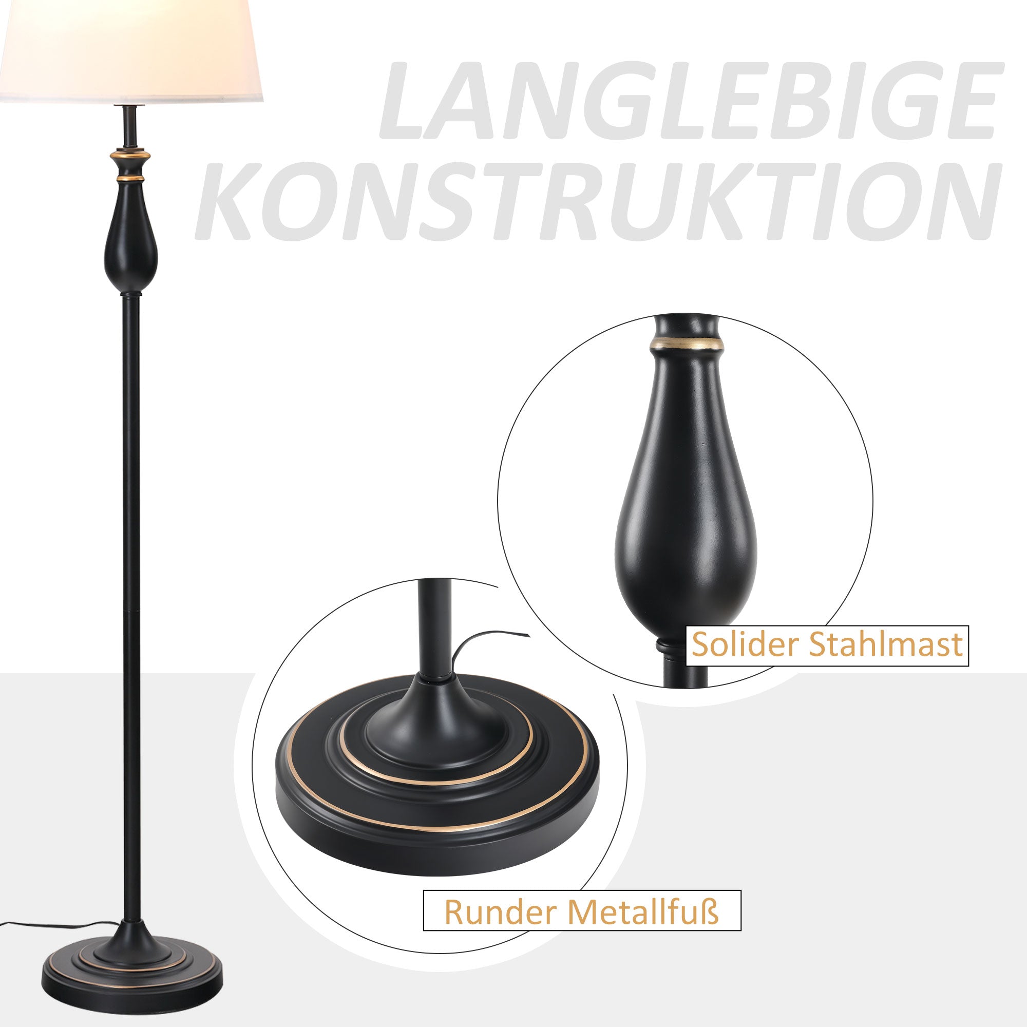 HOMCOM 3er-Lampenset 2 Tischlampe(ø30 x 62H cm) + 1 Stehlampe(ø38 x 158H cm)  Vintage, Schwarz+Weiß, Metall, PS, Polyester, Baumwolle E27 Lampensockel