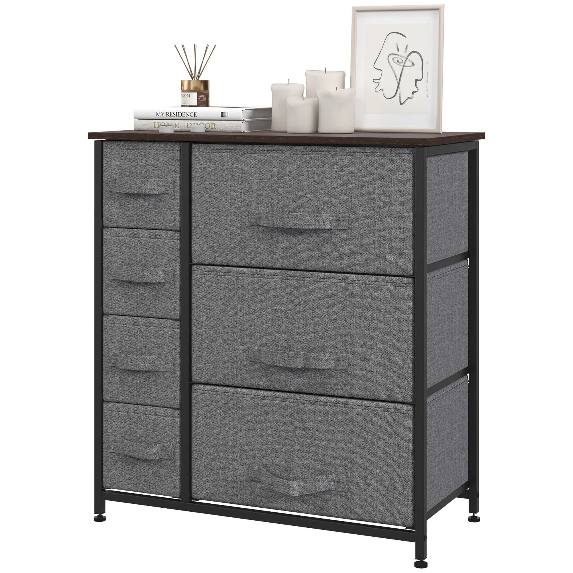 HOMCOM Kommode mit 7 faltbaren Stoffschubladen, Vlies, Metallgestell, 63,5 x 30 x 71 cm, Dunkelgrau