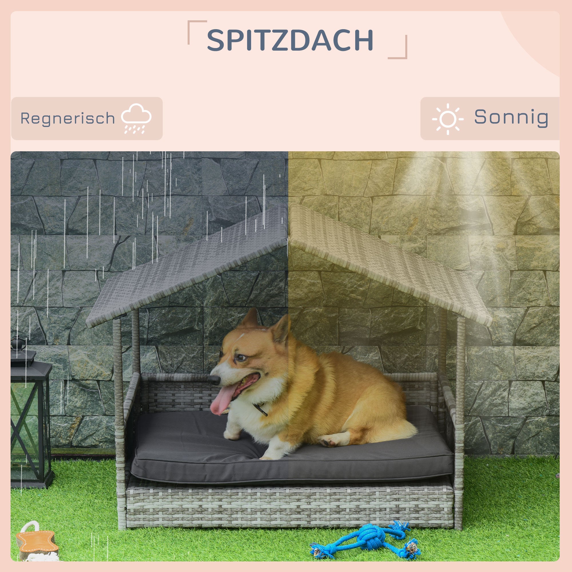PawHut Hundehütte Haustierbett Hundekorb, wetterbeständig, abnehmbares Poster, Grau