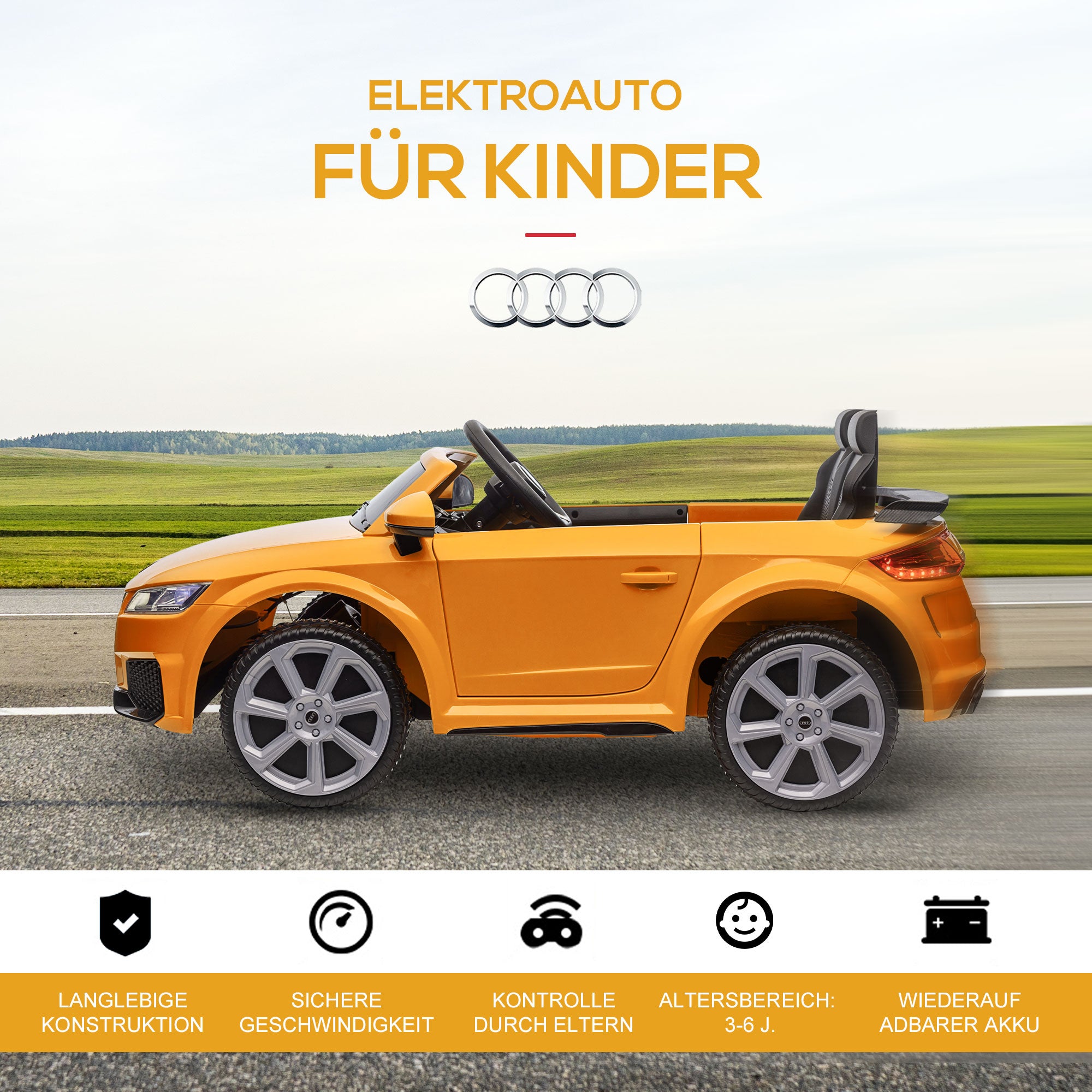 HOMCOM Kinder-Elektroauto, max. 3 km/h, mit Fernbedienung, Sicherheitsgurt, MP3-Anschluss, 3–5 Jahre, Gelb