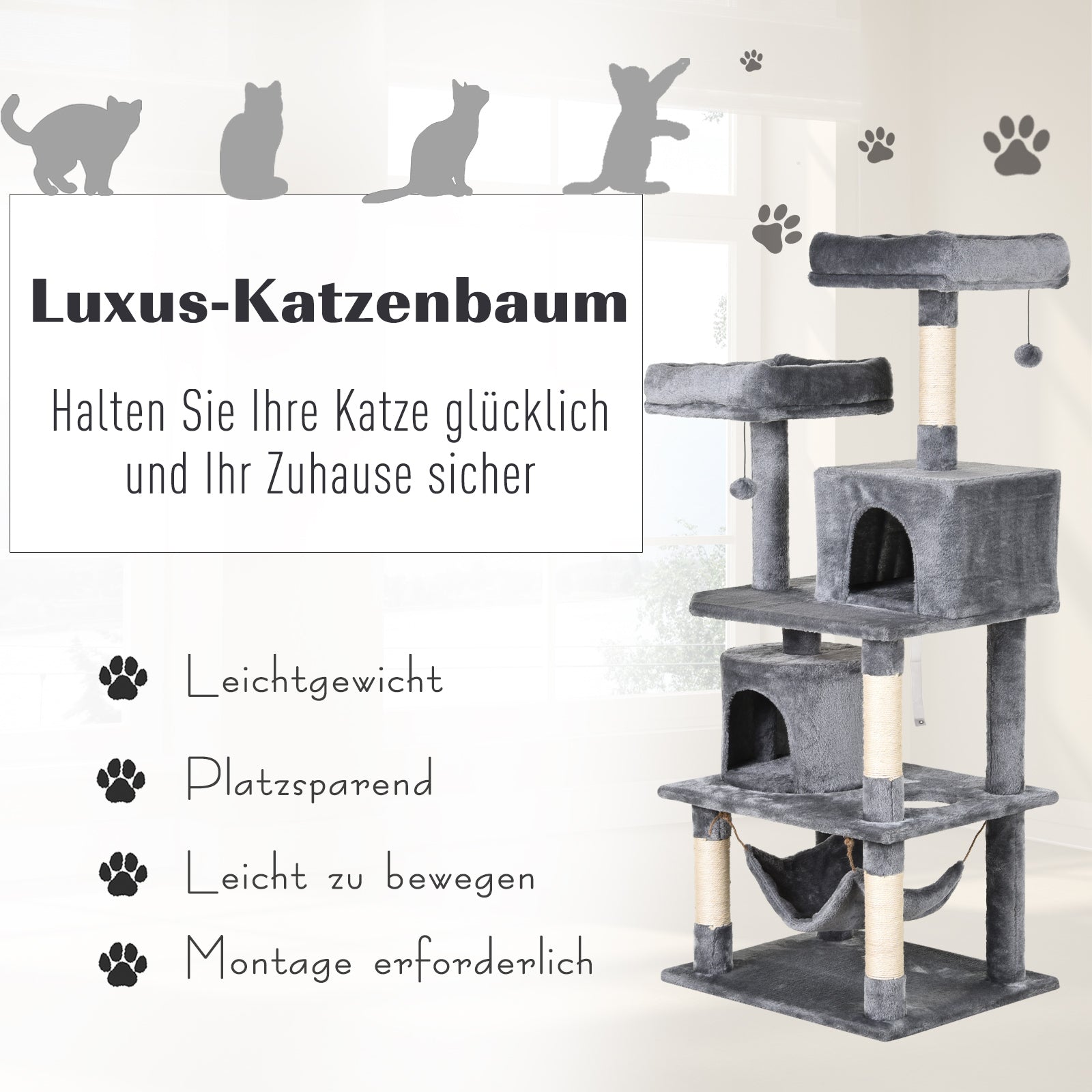 PawHut Katzen Kratzbaum groß 145 cm, Katzenbaum mit Hängematte, Kletterbaum für Katzen, Katzenkratzbaum Höhle Katzenmöbel mit Sisalstämmen, Hellgrau