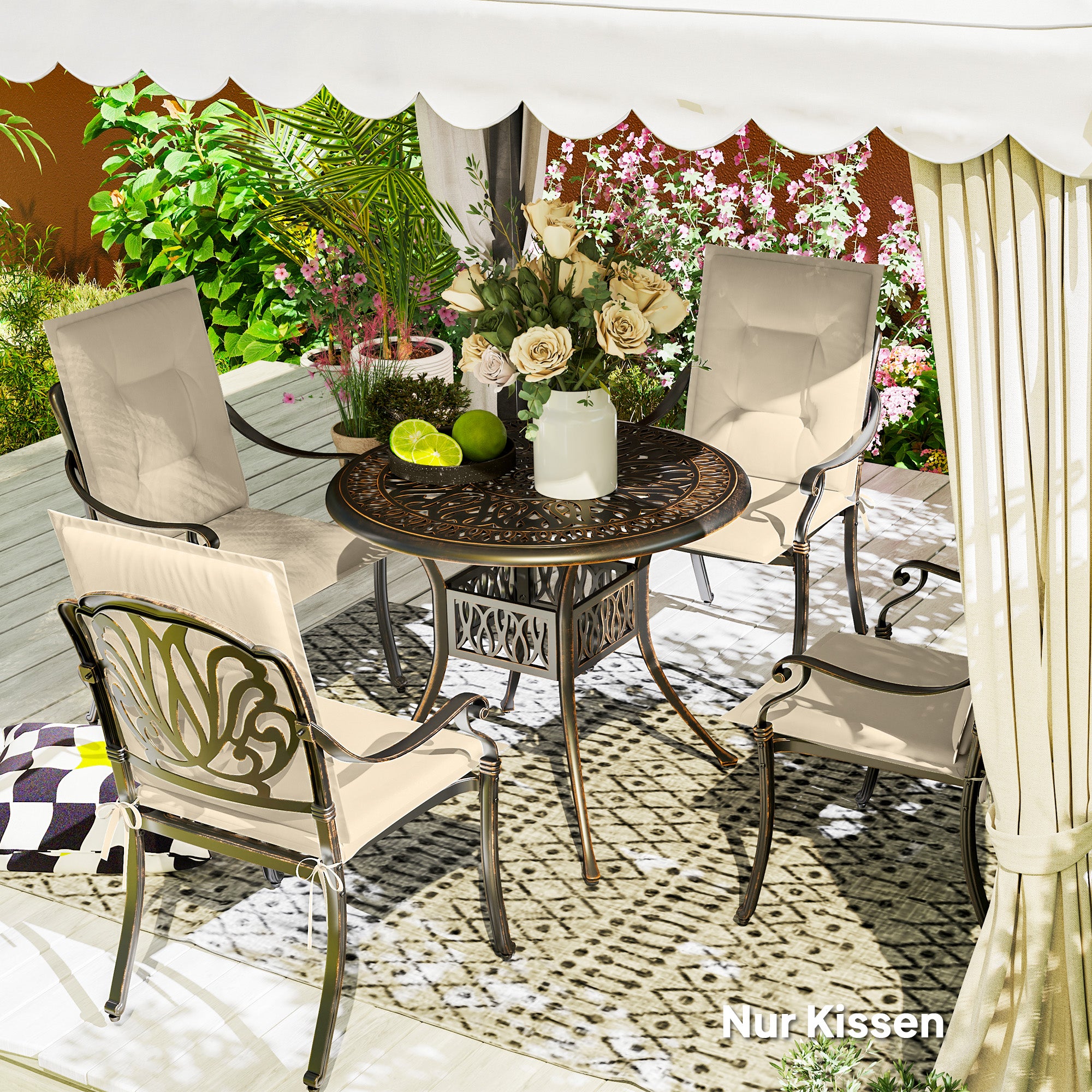 Outsunny 4er Set Sitzkissen 108 x 50 x 5 cm Stuhlkissen mit Bändern, Outdoor Indoor Sitzauflage Beige