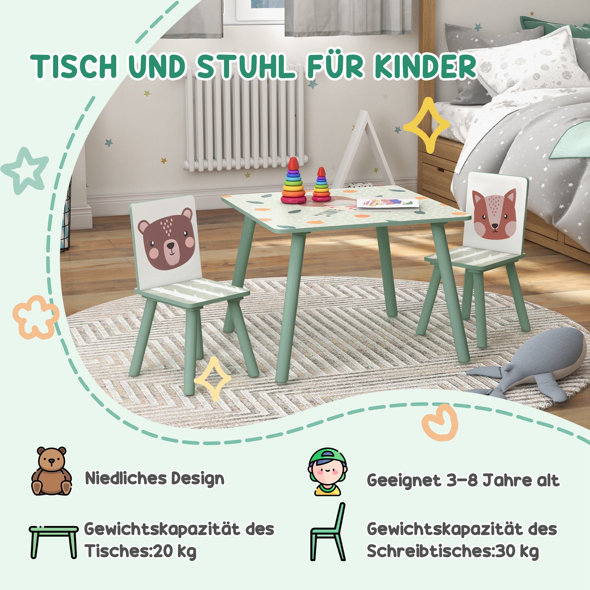 ZONEKIZ Sitzgruppe für Kinder 3-8 Jahre, 1 Tisch & 2 Stühle, niedliches Tiermotiv, Grün