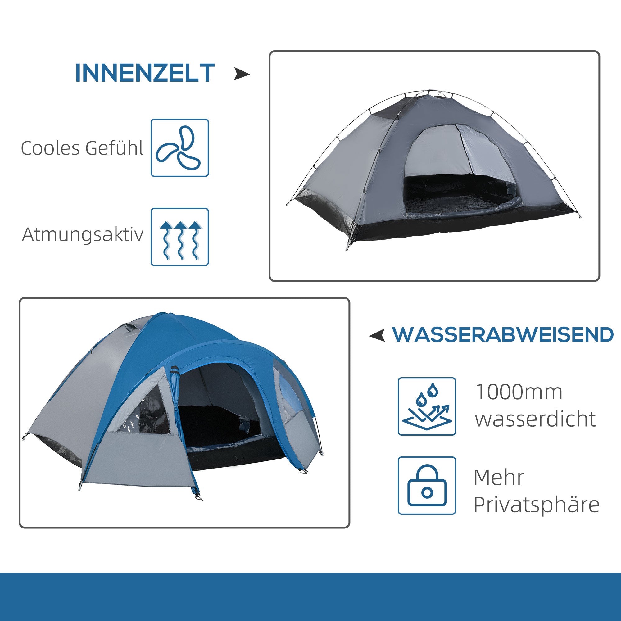Outsunny Campingzelt für 4 Personen ganzjährig nutzbar 3,00 x 2,50 x 1,30m Blau+Grau