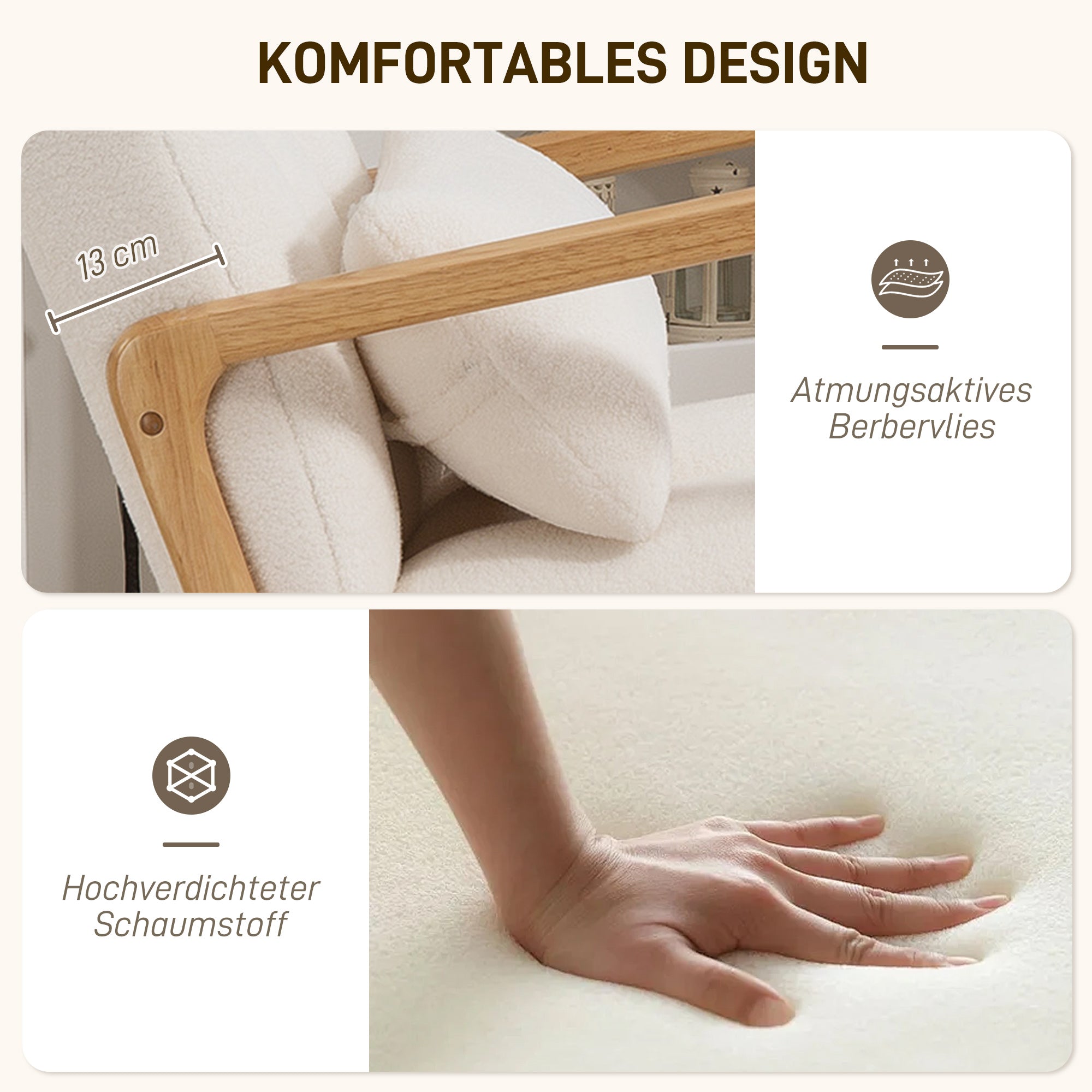 HOMCOM Schaukelstuhl mit Fußhocker, Fleece-Bezug, Hohe Rückenlehne, Holzbeine, Fußpads, Weiß