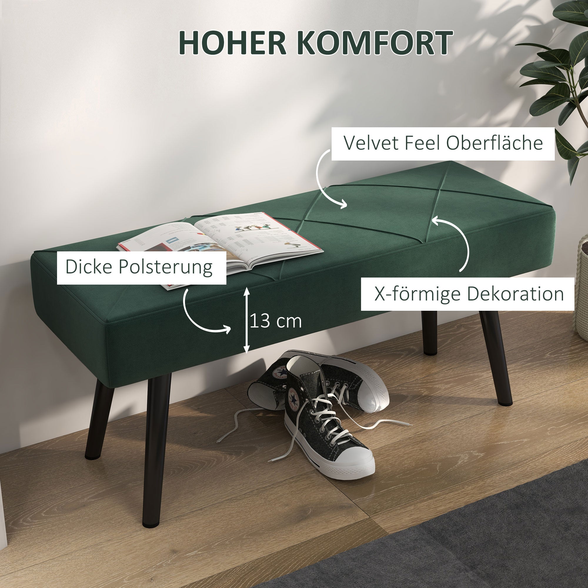 HOMCOM Sitzbank Polsterbank Bettbank, Samtoptik, 100 x 36 x 45 cm, Grün