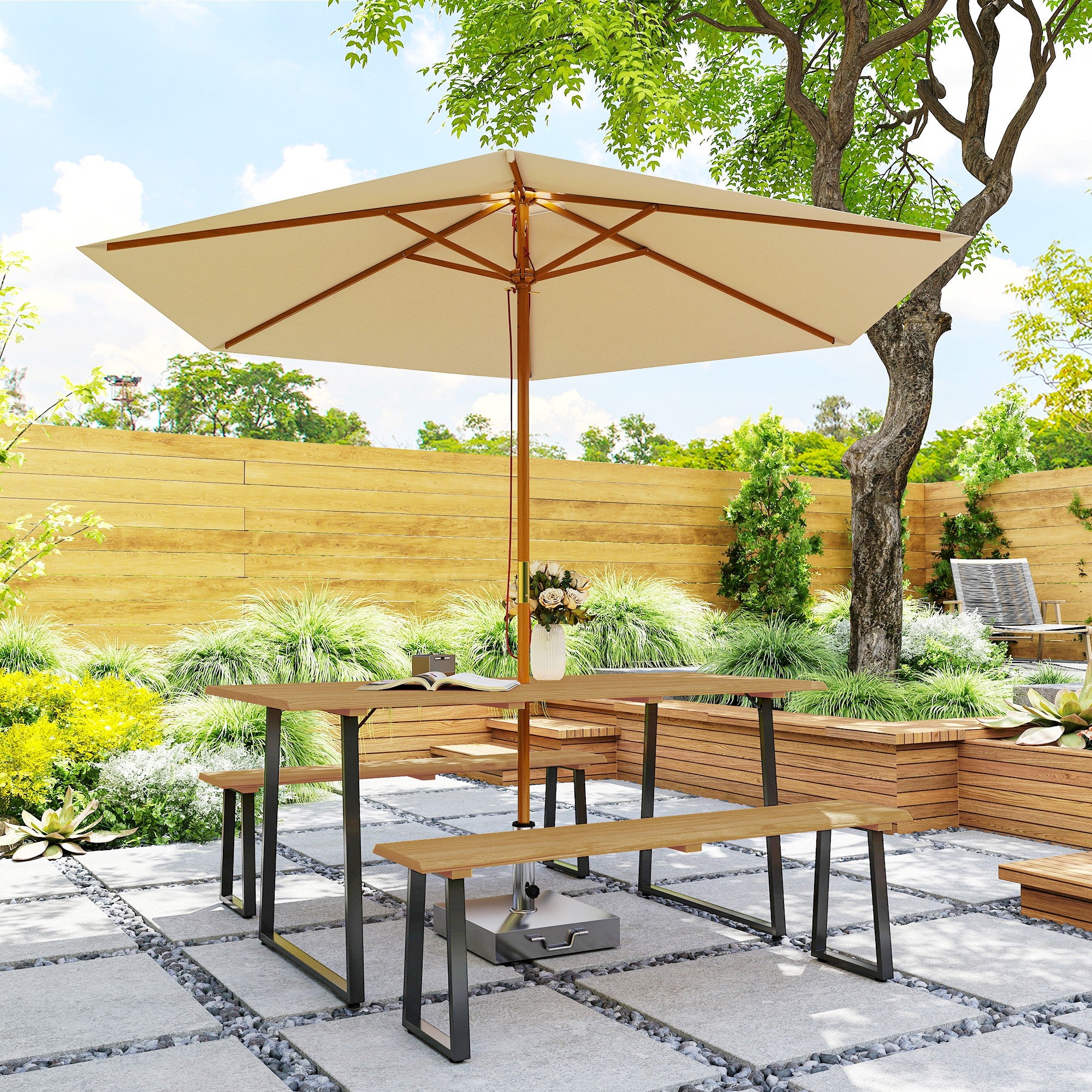 Outsunny Sitzgruppe 3-teilig Holz Essgruppe für 6 Personen Esstisch mit 2 Bänke Schirmloch Holztisch 178 x 76 x 77 cm Naturholz