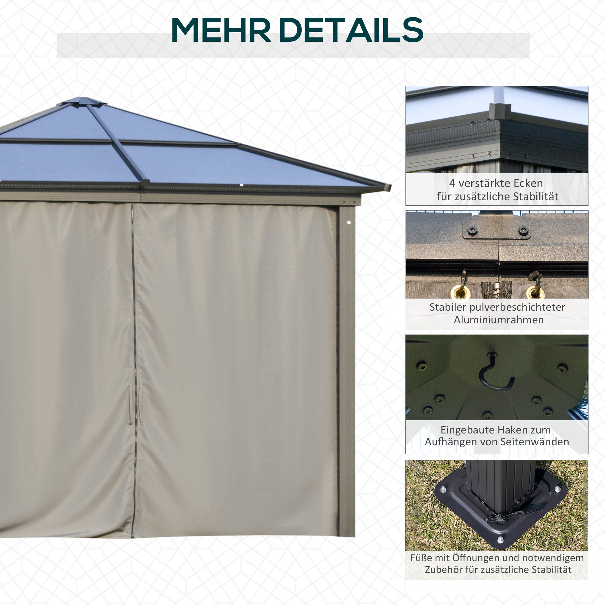 Outsunny Pavillon mit Polycarbonatdach, Vorhänge mit Fliegennetz, Alugestell, grau, 3 x 3 x 2,6 m