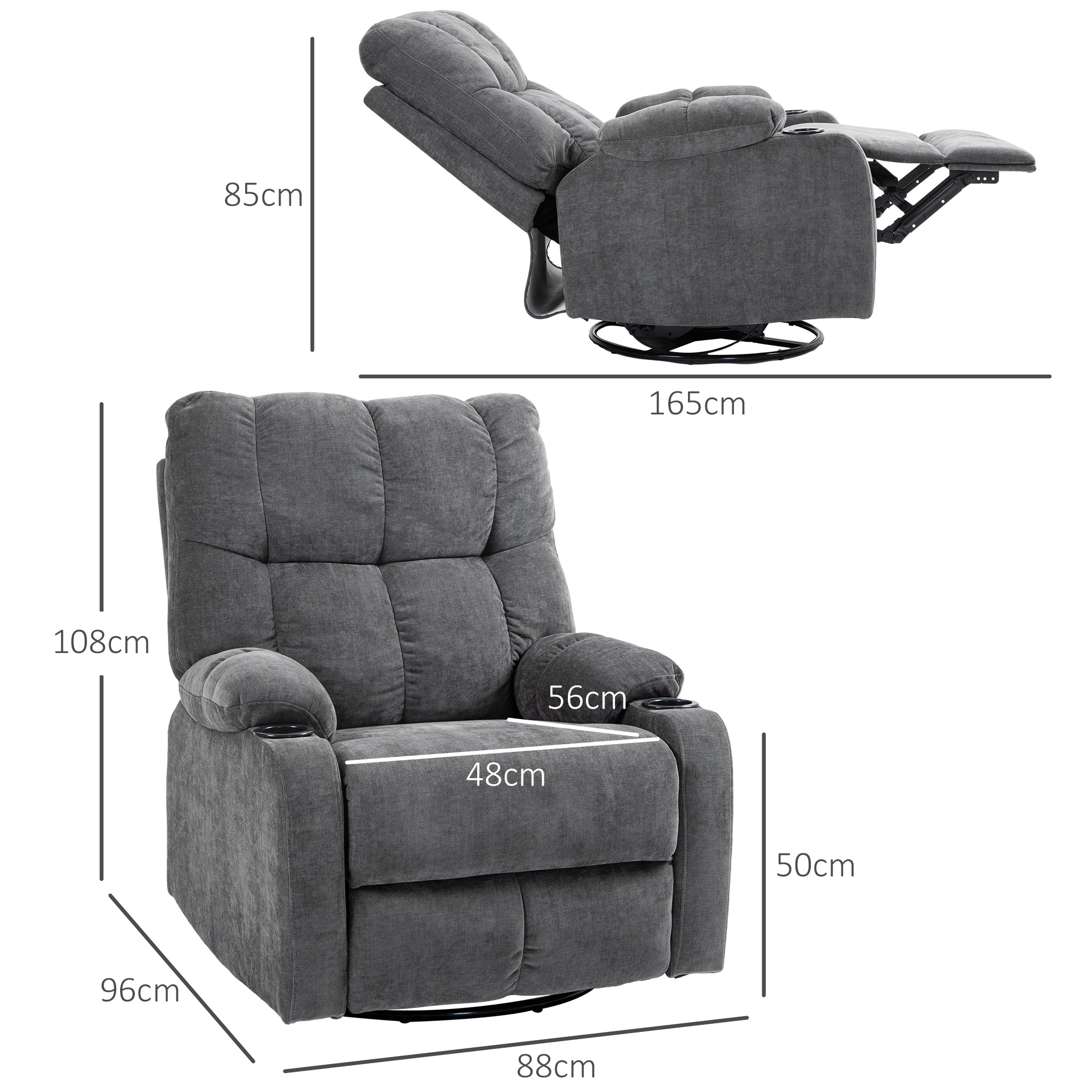 HOMCOM Relaxsessel mit Fußstütze, Liegesessel, drehbar, bis 150 kg, Stahlrahmen, 88x96x108cm, Dunkelgrau