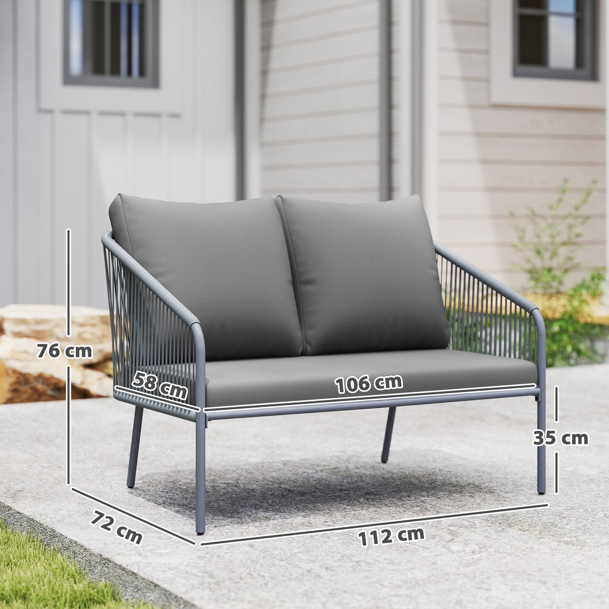 Outsunny Gartensofa mit Kissen 2-Sitzer Rattan Sofa Lounge Sofa Outdoor Balkon Sofa 112 x 72 x 76 cm Grau