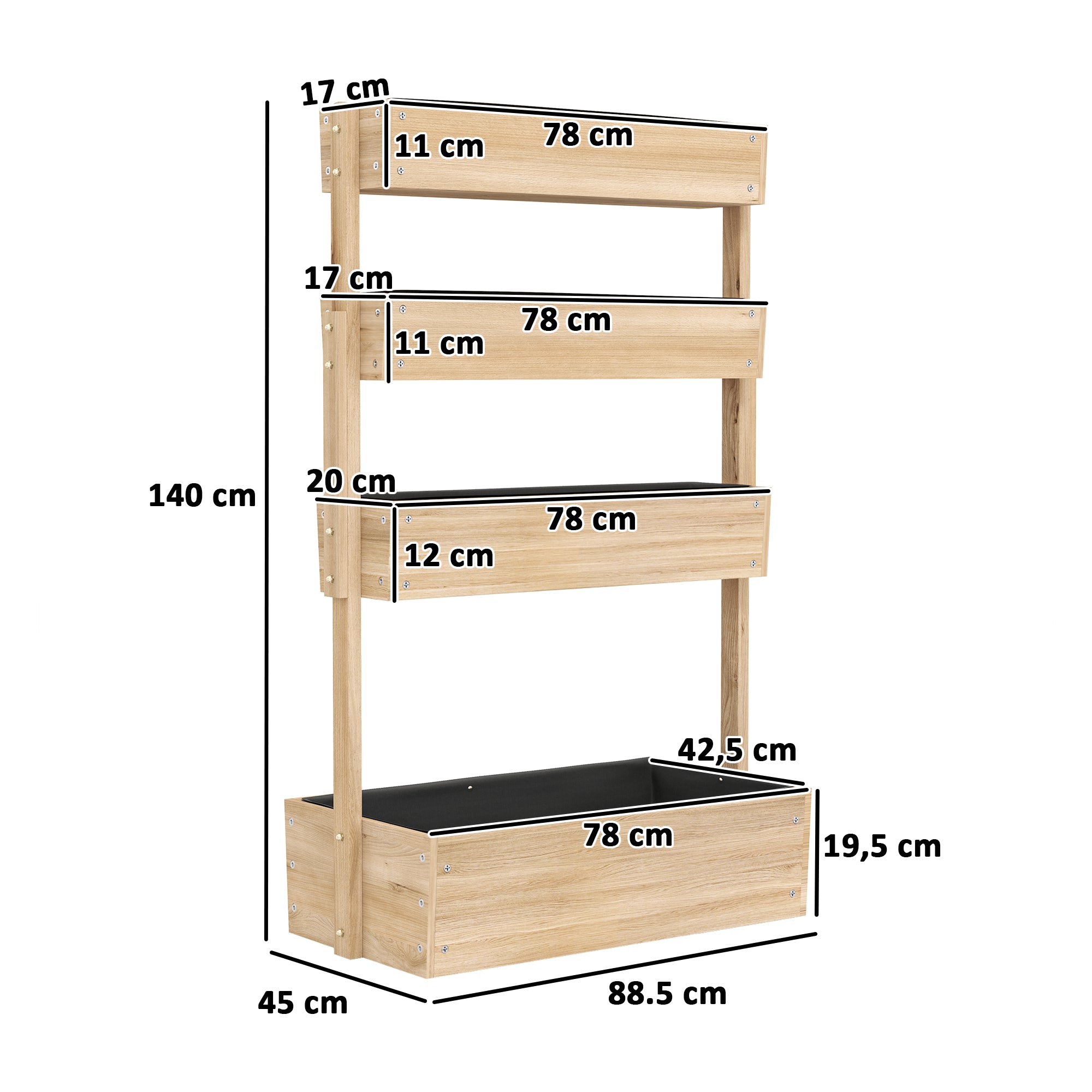 Outsunny Hochbeet Holz, 4 Ebene Pflanzbeet mit Entwässerungslöcher Frühbeet Gartenbeet 88,5 x 45 x 140 cm Naturholz