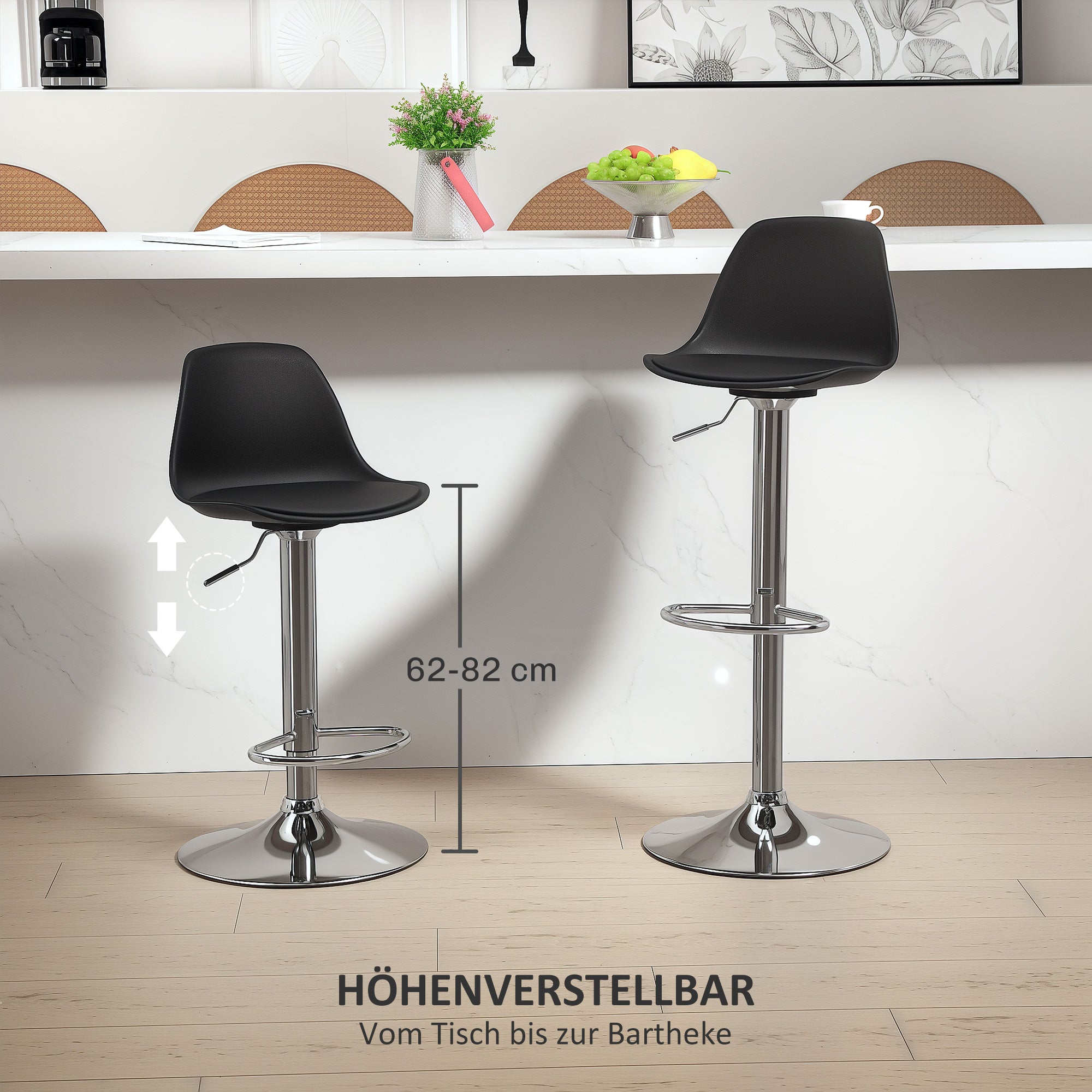HOMCOM 2er-Set Barhocker, Barstühle, Drehstühle mit Lehne, höhenverstellbar, bis 120 kg belastbar, 42 x 38 x 82-104 cm, Schwarz