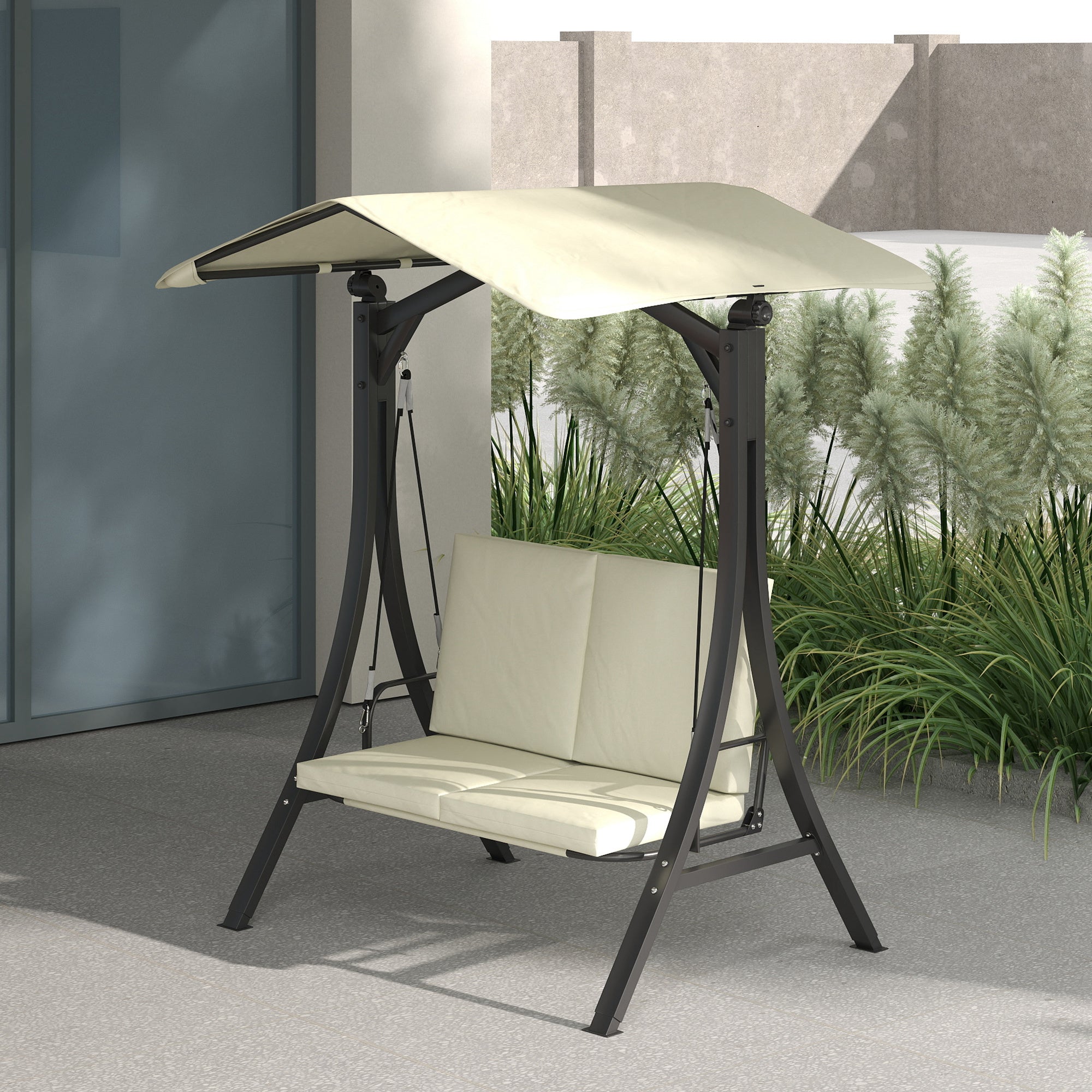 Outsunny Hollywoodschaukel mit verstellbarem Sonnendach Sitzauflage, 2-Sitzer bis 220kg 150x120x182cm, Cremeweiß