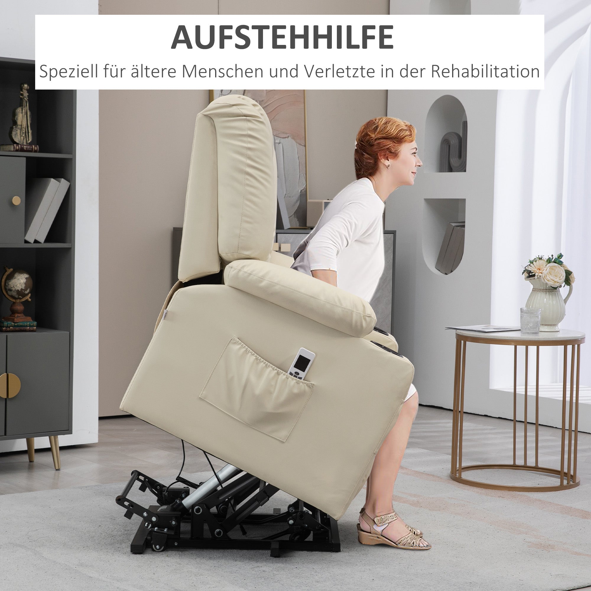 HOMCOM Massagesessel Aufstehhilfe Seniorensessel, inkl. Fernbedienung, 4 Massagemodi, 90  cm x 98 cm x 102 cm, Creme