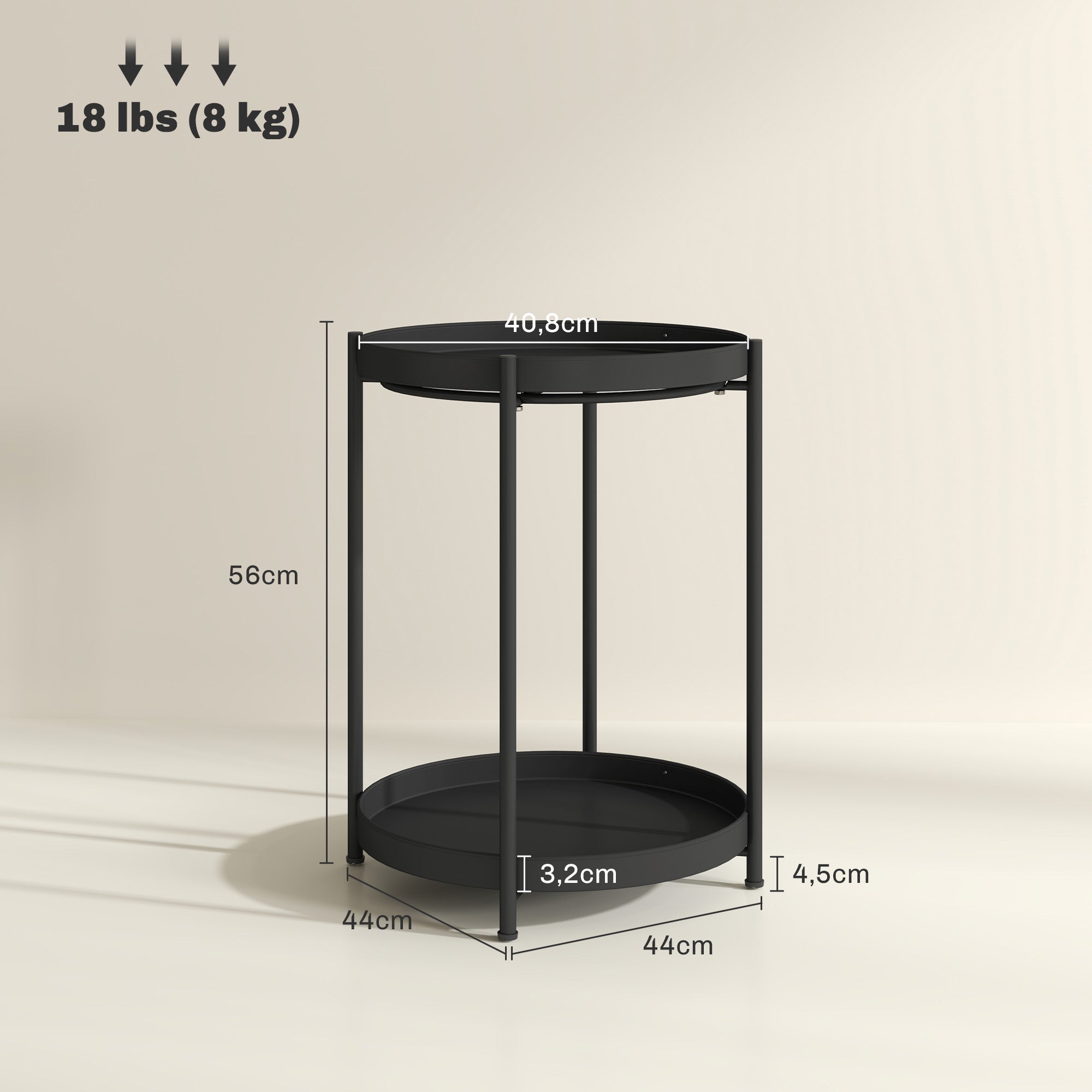 HOMCOM Runder Beistelltisch mit Regalboden, 2-stufiger Kaffeetisch für Wohnzimmer, Schlafzimmer, kleine Räume, Metall, Schwarz