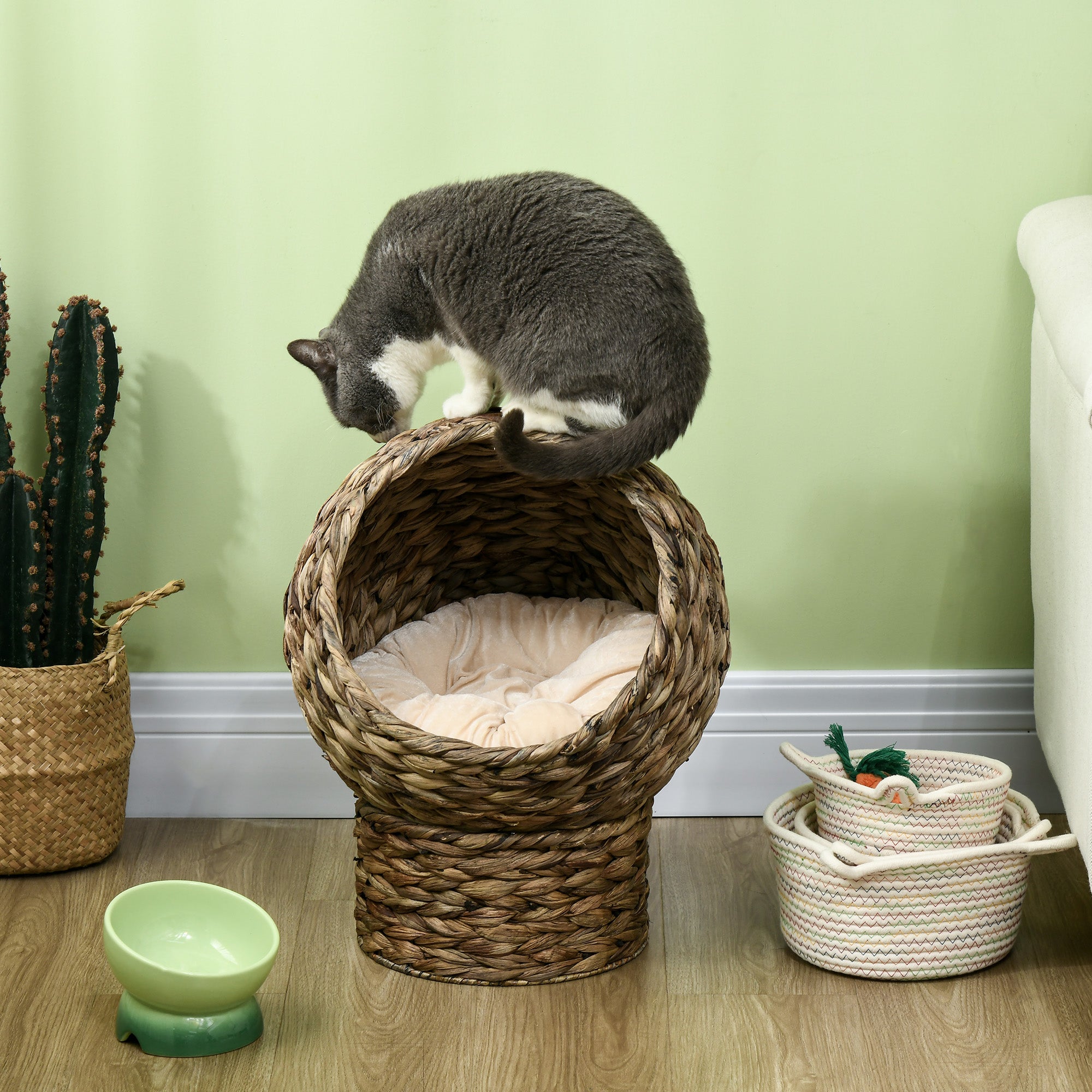 PawHut Rattan Katzenkorb Katzenhöhle Katzenhütte Katzenbett mit Kissen Haustierbett Wasserhyazinthe Kaffee 42 x 33 x 52 cm