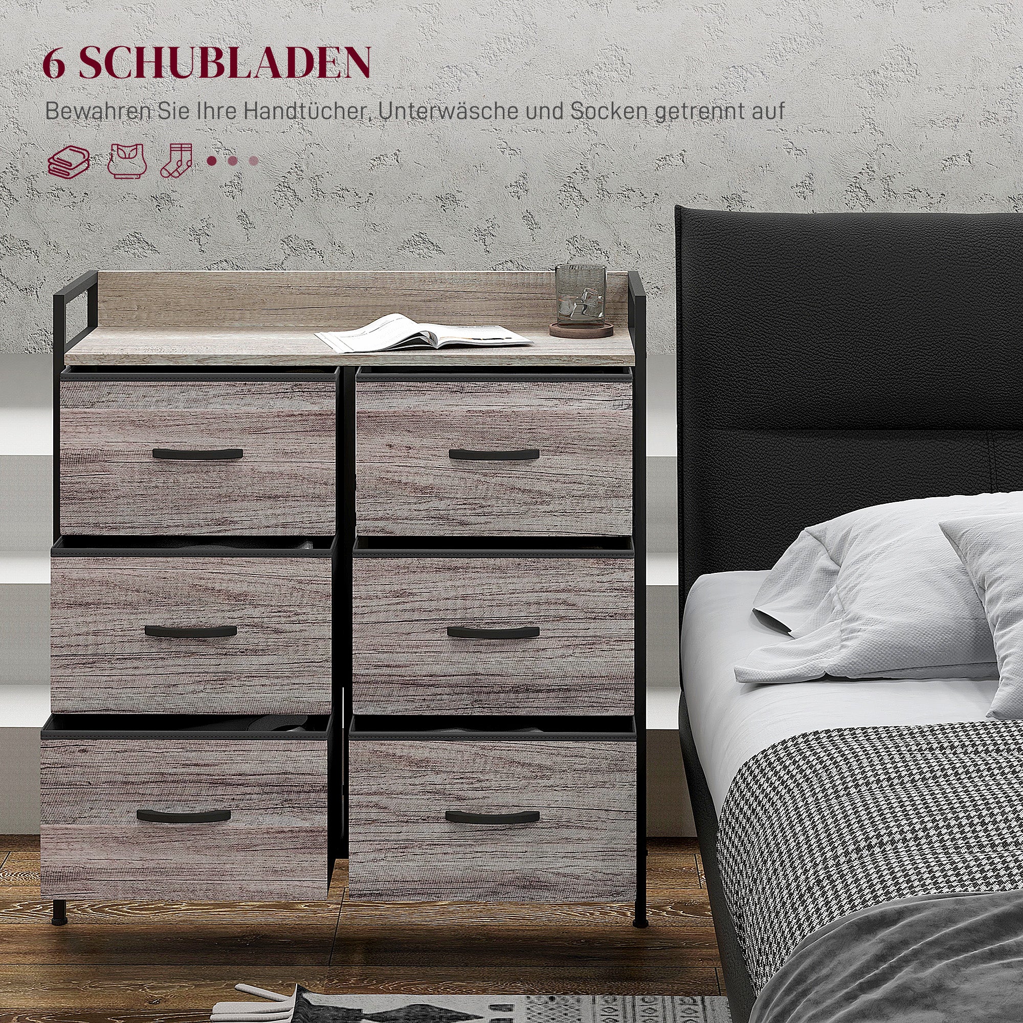 HOMCOM Stoff-Kommode, 6 faltbare Schubladen, Regal, Stahlrahmen, 79 x 29 x 85, Grau