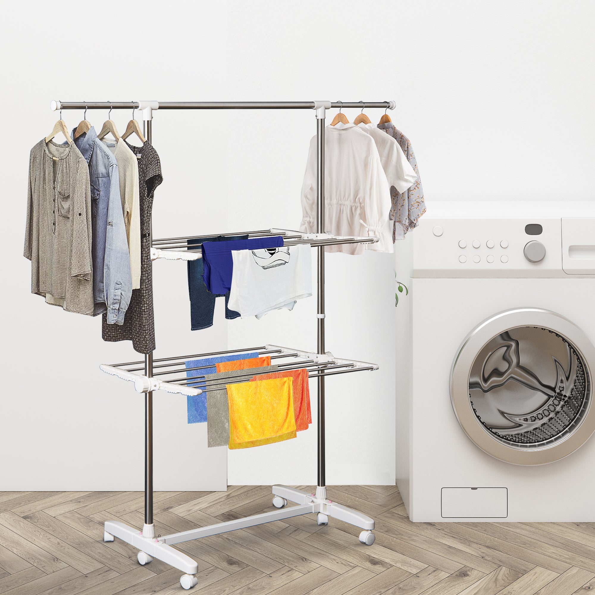 HOMCOM Turmwäscheständer ausziehbar Standtrockner mit 3 Ebenen, klappbare Flügel, Rollen, Wäschetrockner für Innen und Außen, Weiß, 83-136,5 x 45,5 x 154 cm
