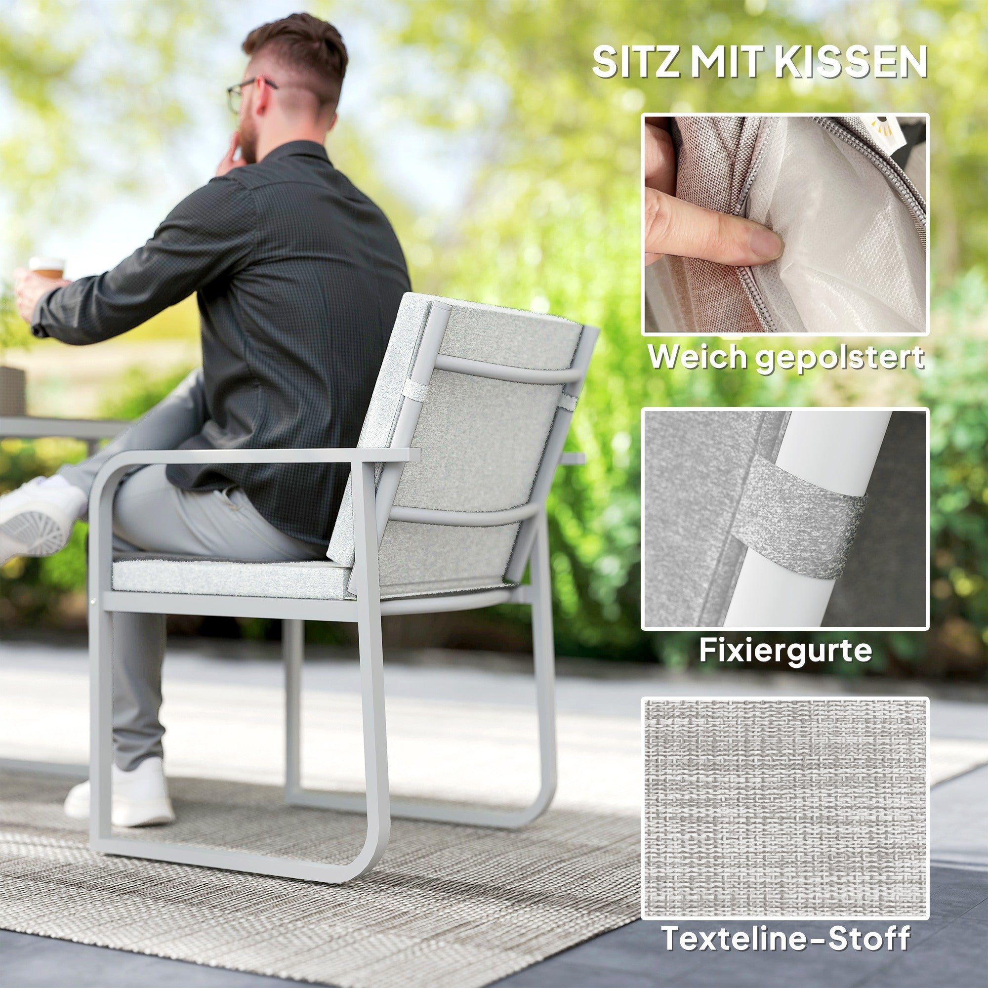 Outsunny Sitzgruppe 3-teilig Essgruppe für 2 Personen Esstisch mit 2 Stühlen Glastisch Hellgrau