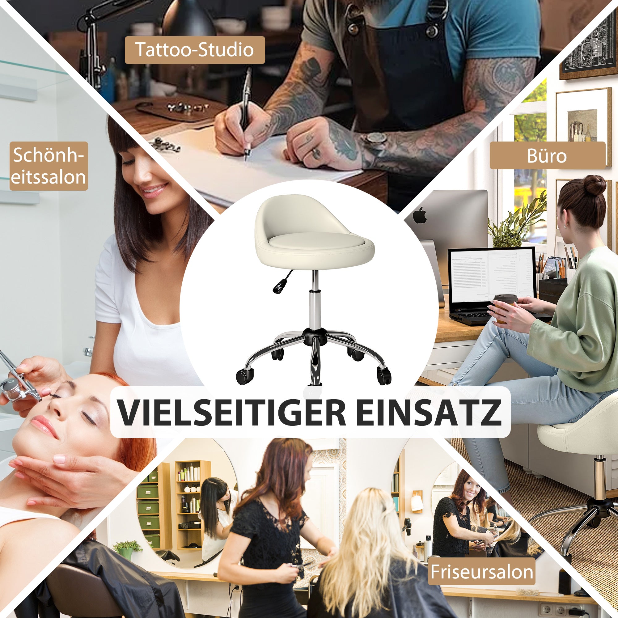 HOMCOM Arbeitshocker Drehhocker Rollhocker, höhenverstellbar, drehbare Sitzfläche, 50cm x 50 cm x 83 cm, Weiß