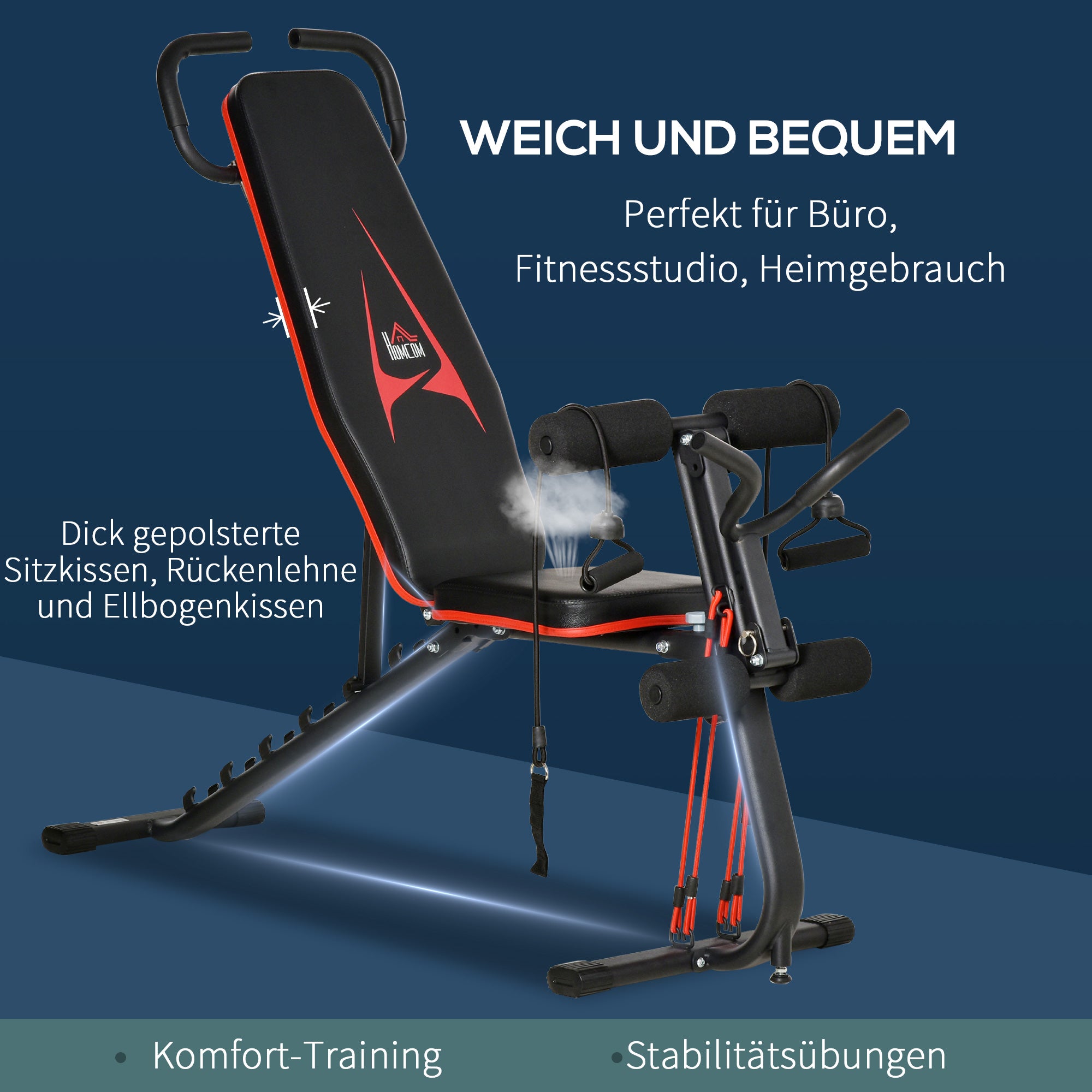 HOMCOM Hantelbank verstellbare Trainingsbank mit elastischer Seils Sit Up-Bank für Heimtraining 6 Stufen Rückenlehne-Gefälle Gewicht bis 150 kg Stahl Kunstleder Schwarz+Rot 145 x 49 x 48-127 cm
